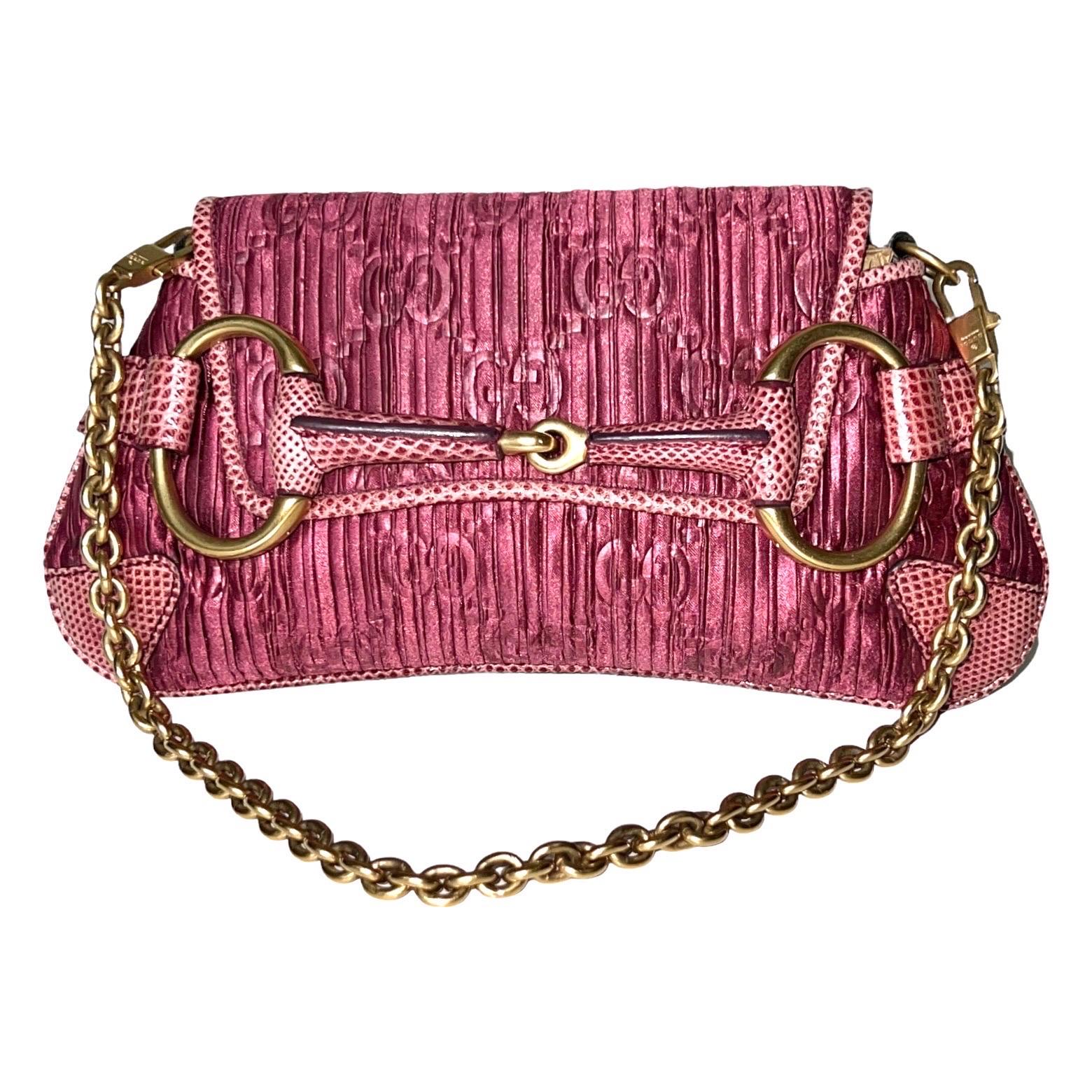 Exotic GUCCI GG Monogram Logo Satin Pink Barbiecore Trimming Horsebit Clutch Bag In Good Condition For Sale In Switzerland, CH