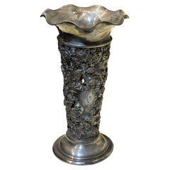 Rare Exquisite 19TH Century French Sterling Silver Heavy Relief Floral Vase