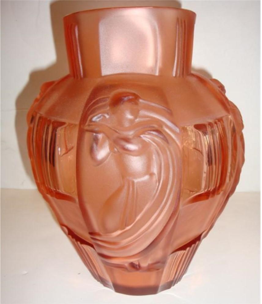 Uncut Rare Exquisite Estate Art Deco Four Seasons Amber Frosted Glass Vase For Sale