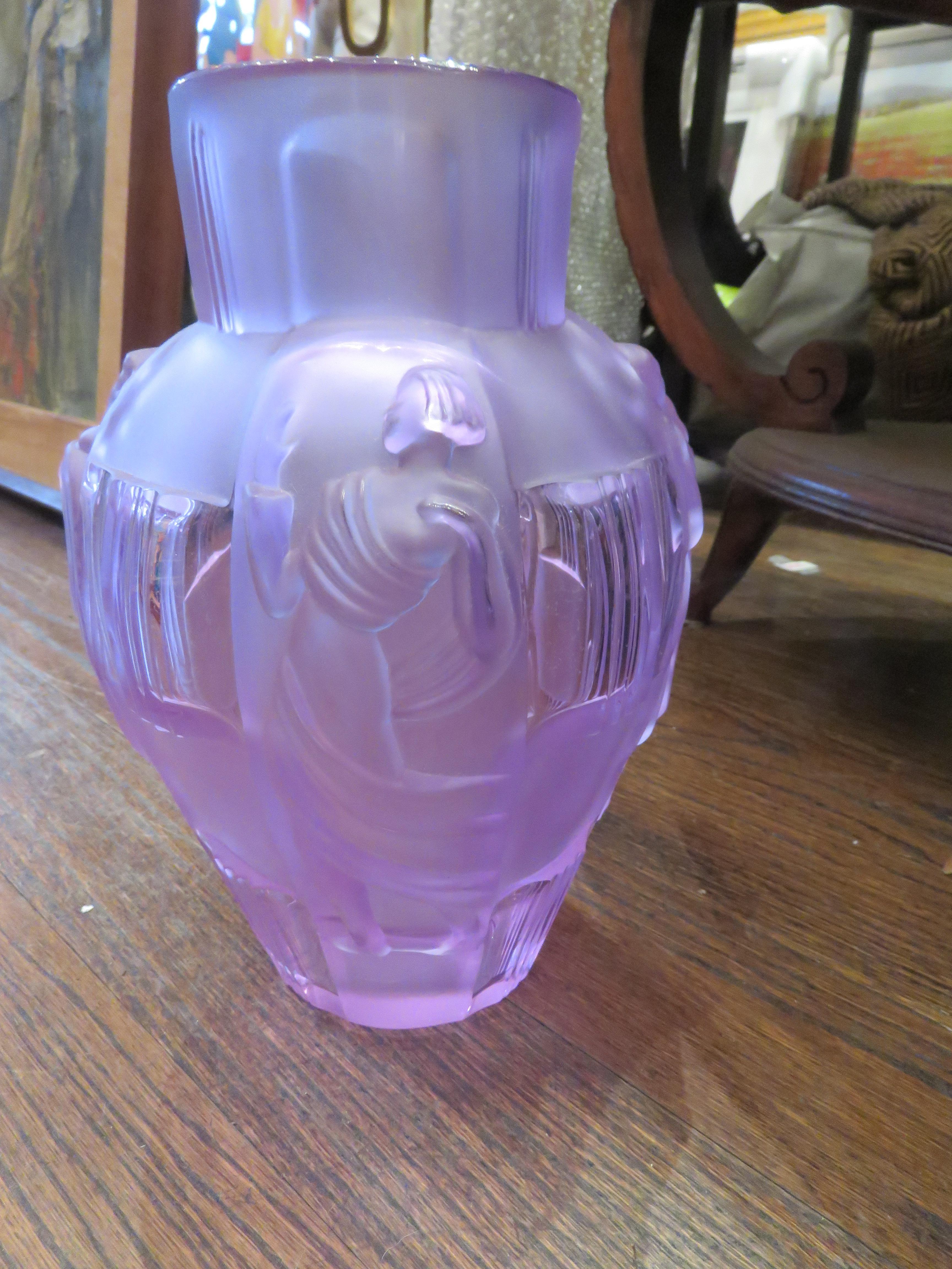 French Rare Exquisite Estate Art Deco Four Seasons Amethyst Purple Frosted Glass Vase For Sale