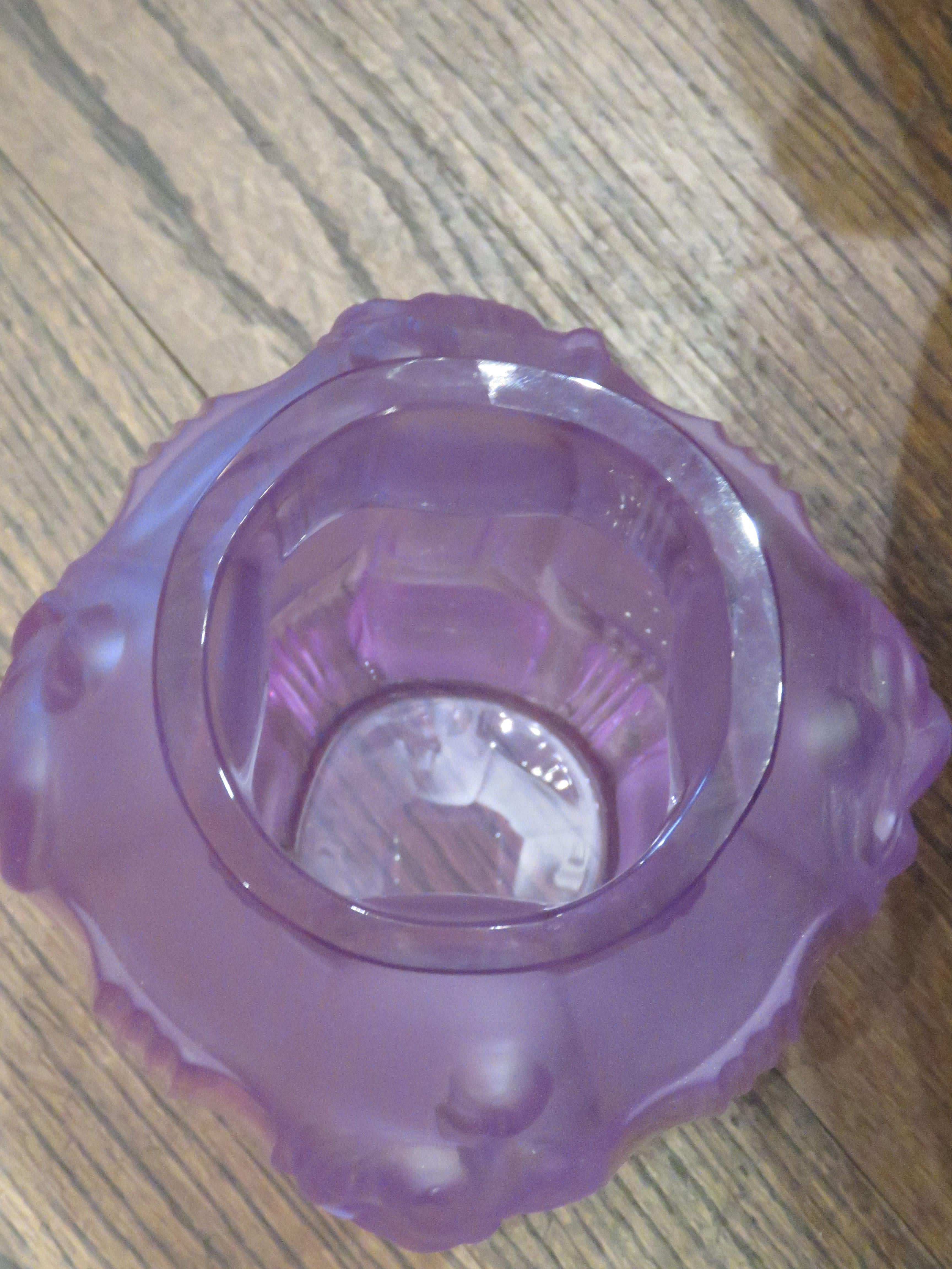 Crystal Rare Exquisite Estate Art Deco Four Seasons Amethyst Purple Frosted Glass Vase For Sale