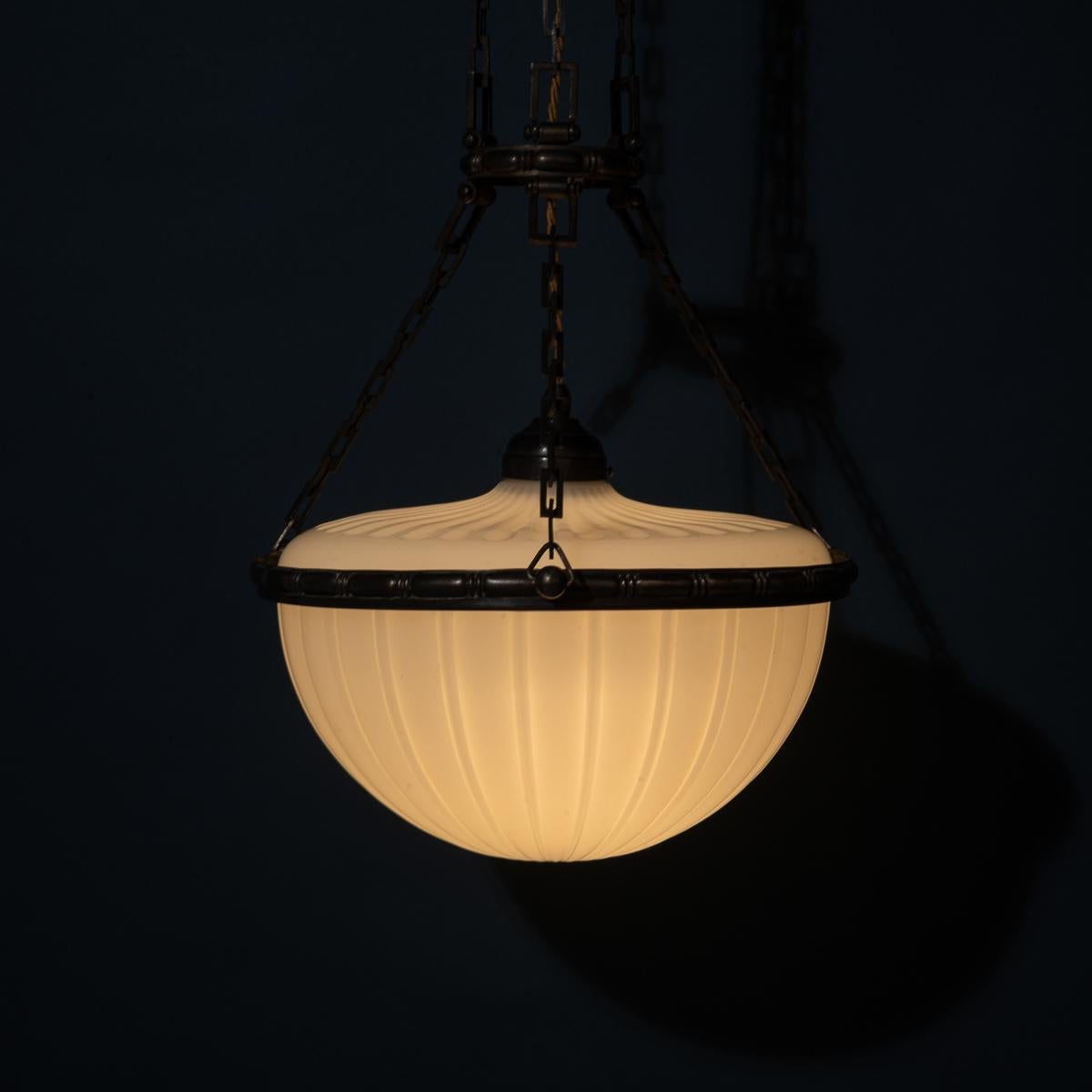 Rare Two-Part Jefferson Moonstone Plafonnier Pendant Light
Elevate your interior with this rare two-part Jefferson moonstone plafonnier pendant light. 

A stunning 14-inch diameter moonstone glass bowl and matching top section are encased in an