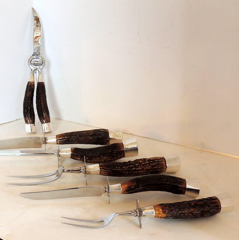 Extensive Carving Set Antler Horn Handles and Sterling Silver SixPiece Serving at 1stDibs