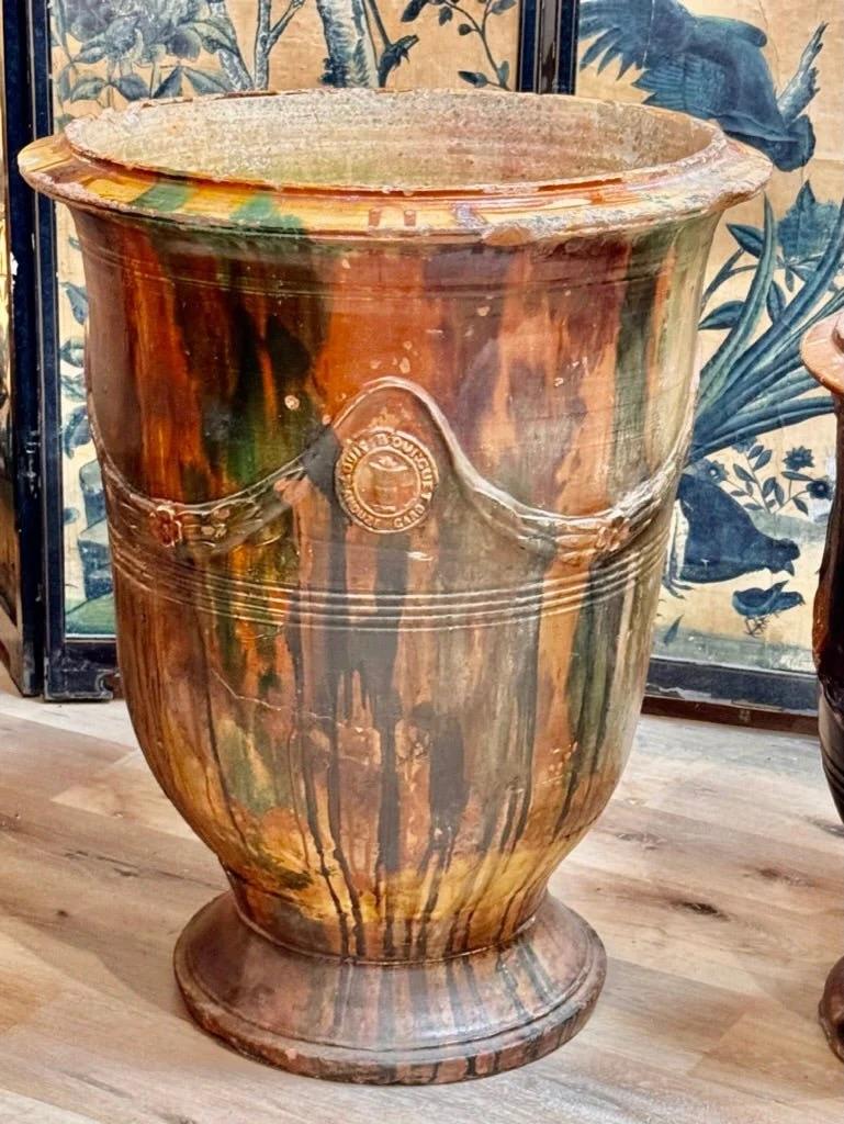 Rare extra large 19th Century Anduze planter. Signed Louis Bourguet, Anduze Gard.  Brown and green glazed terracotta vase, 19th.century. diam.  

