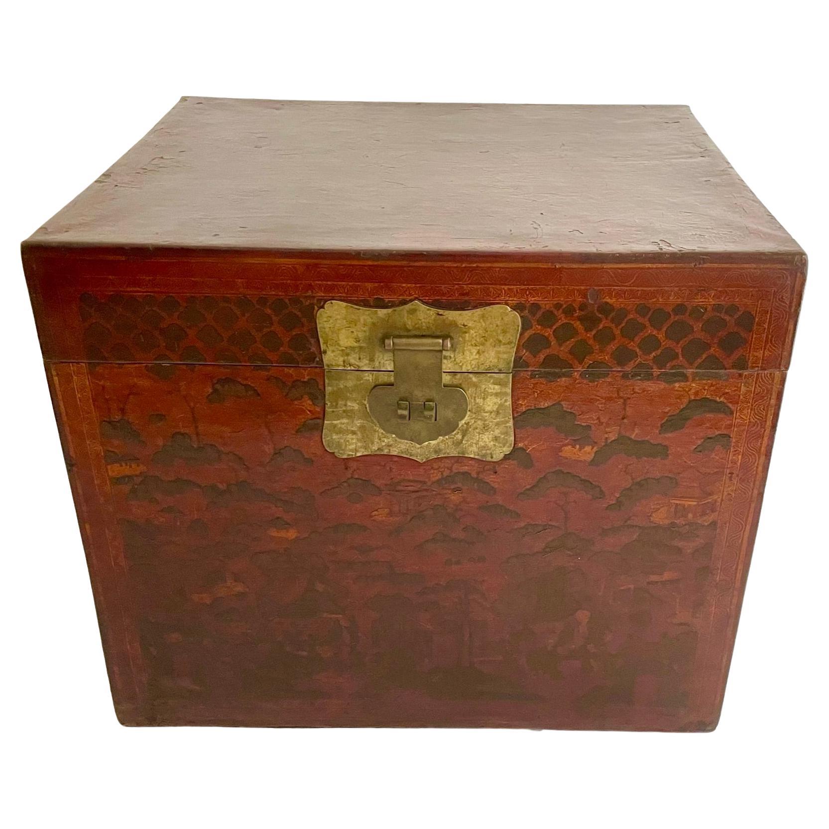 Rare Extra-Large 19th Century Chinese Painted Leather Trunk For Sale
