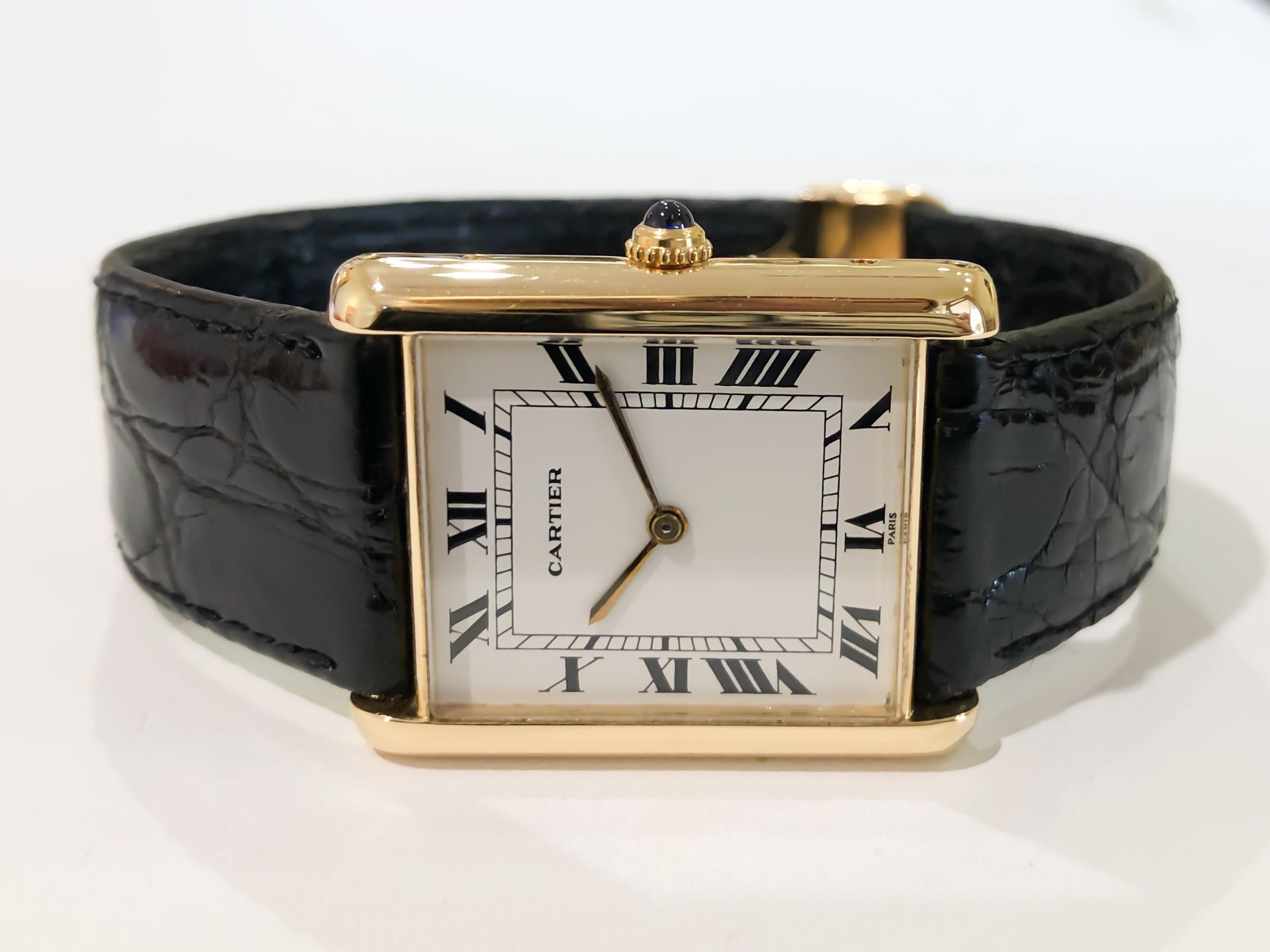 Rare JUMBO Louis Cartier Tank on a black aftermarket strap. Great for a man or woman, stylish oversized look. Fits 7 1/2