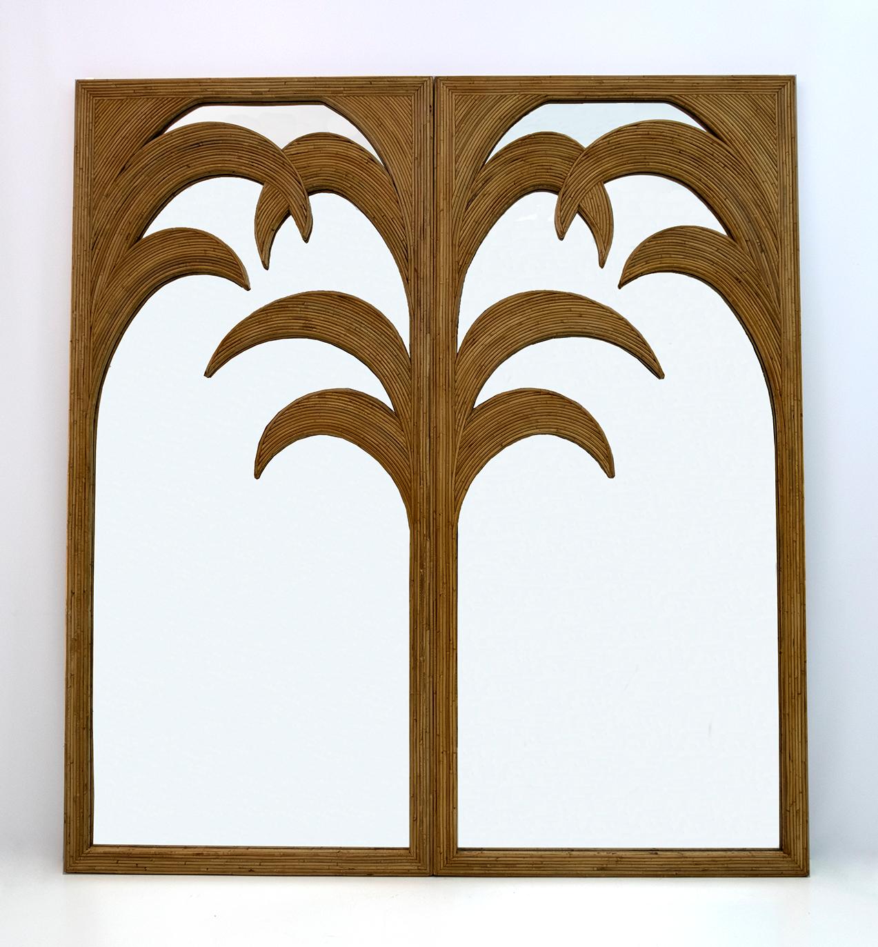 Exquisitely handmade rattan palm motif on each mirror panel, creative work by Vivai del Sud, 1970s,

Dimensions: Panel width: 102 cm Total width of the pair: 204 cm.
