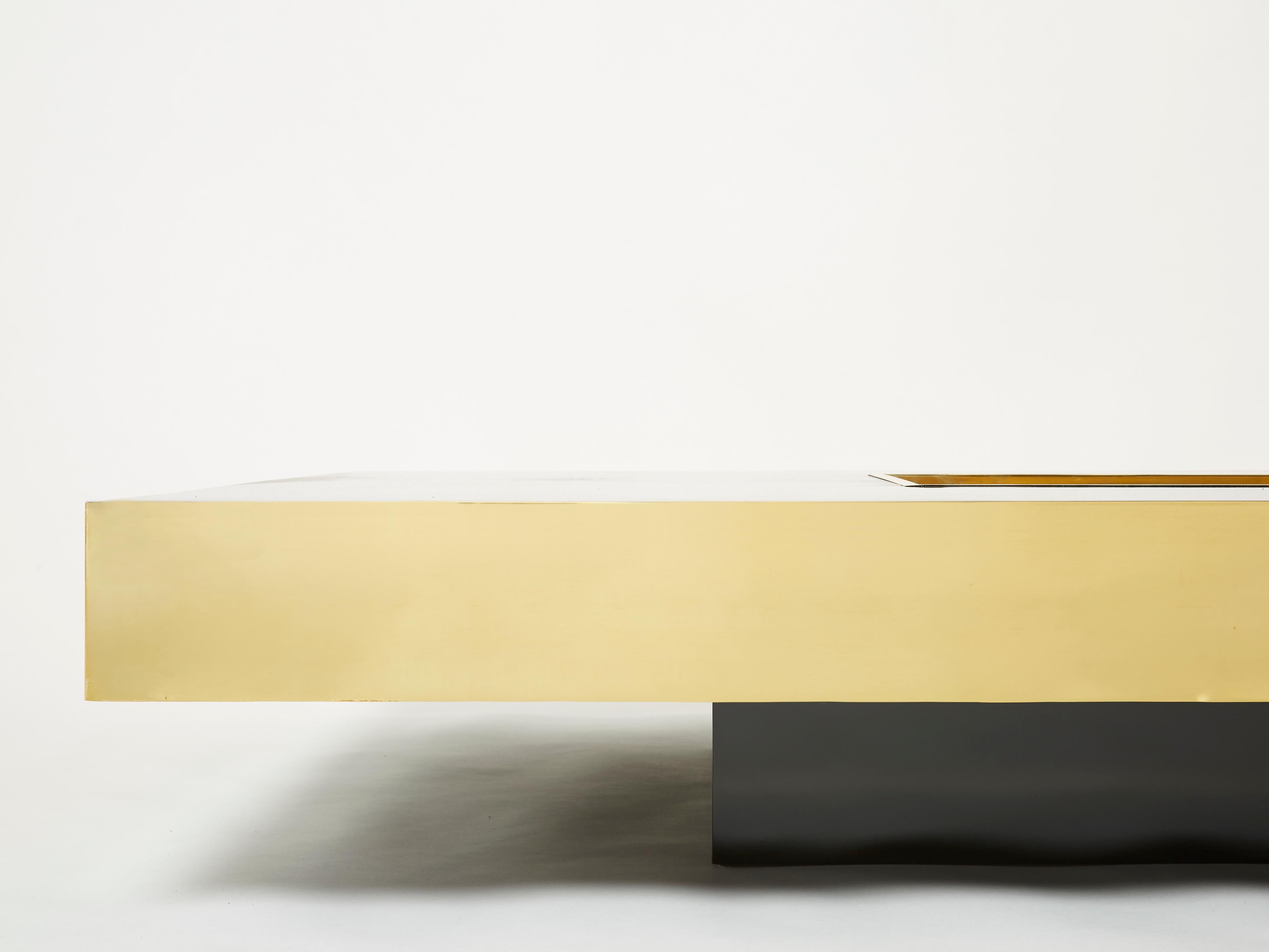 Rare Extra Large Willy Rizzo Black Lacquer and Brass Bar Coffee Table, 1970s 5
