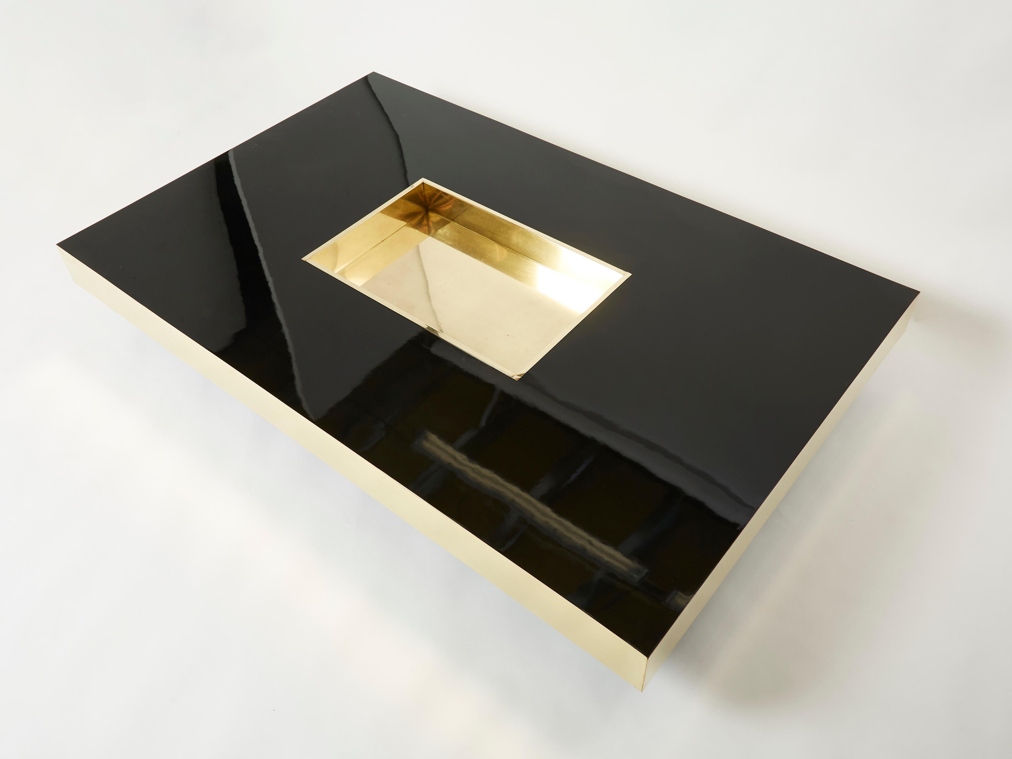 Mid-Century Modern Rare Extra Large Willy Rizzo Black Lacquer and Brass Bar Coffee Table, 1970s