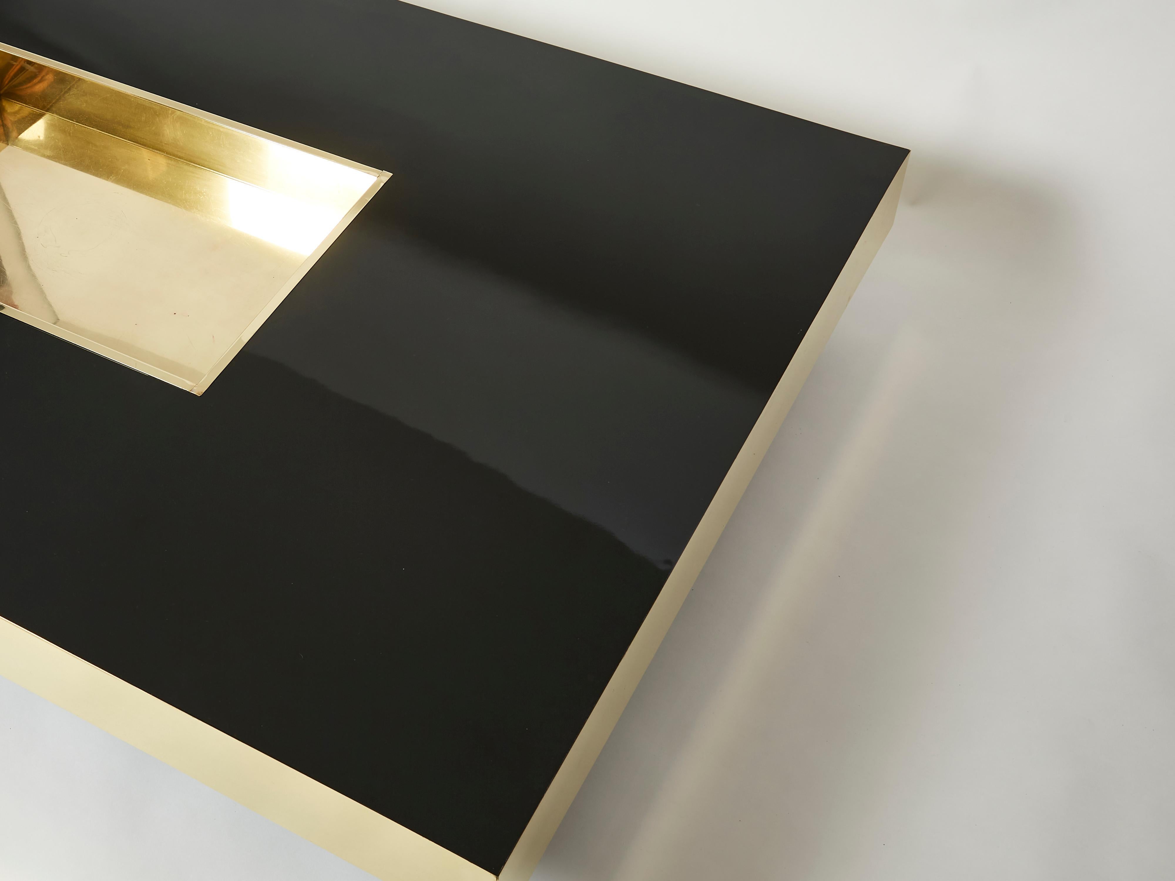 French Rare Extra Large Willy Rizzo Black Lacquer and Brass Bar Coffee Table, 1970s