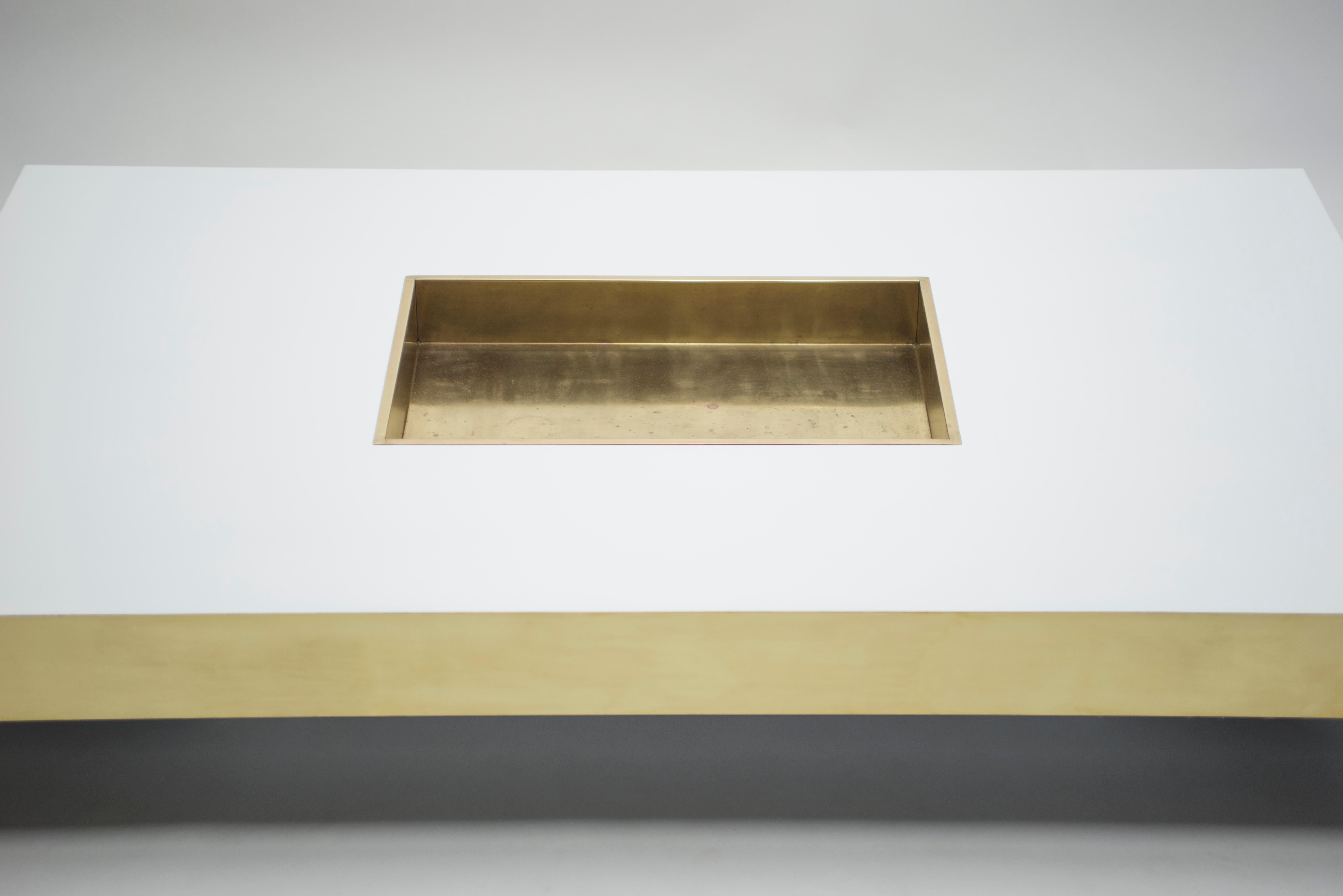 Italian Rare Extra Large Willy Rizzo White Lacquer and Brass Bar Coffee Table, 1970s