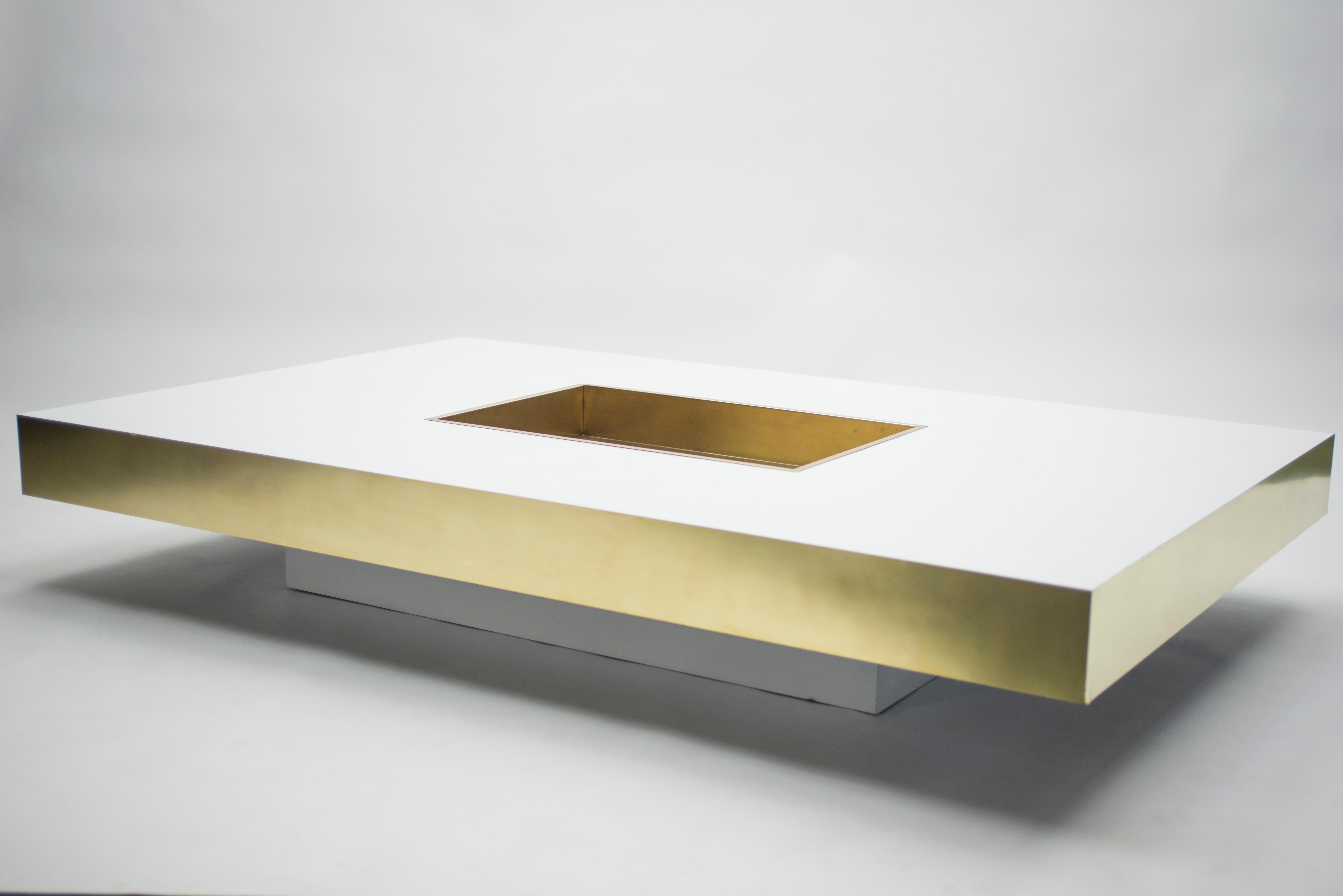 Late 20th Century Rare Extra Large Willy Rizzo White Lacquer and Brass Bar Coffee Table, 1970s