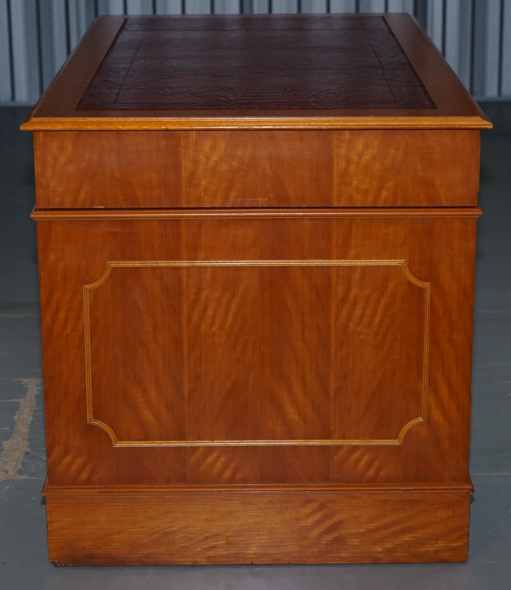 Rare Extra Legroom Space Yew Wood & Oxblood Leather Twin Pedestal Partner Desk 5