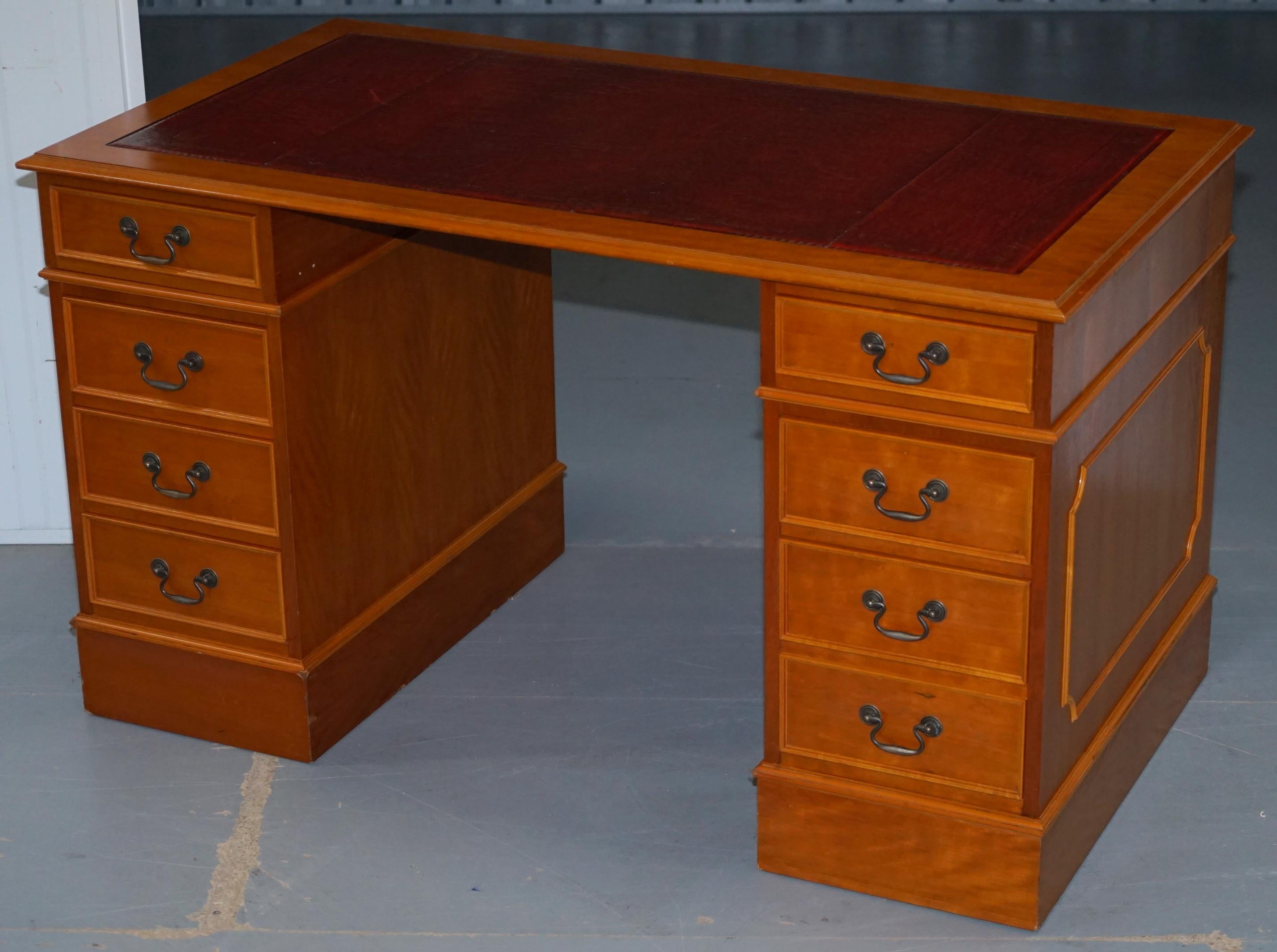 Modern Rare Extra Legroom Space Yew Wood & Oxblood Leather Twin Pedestal Partner Desk