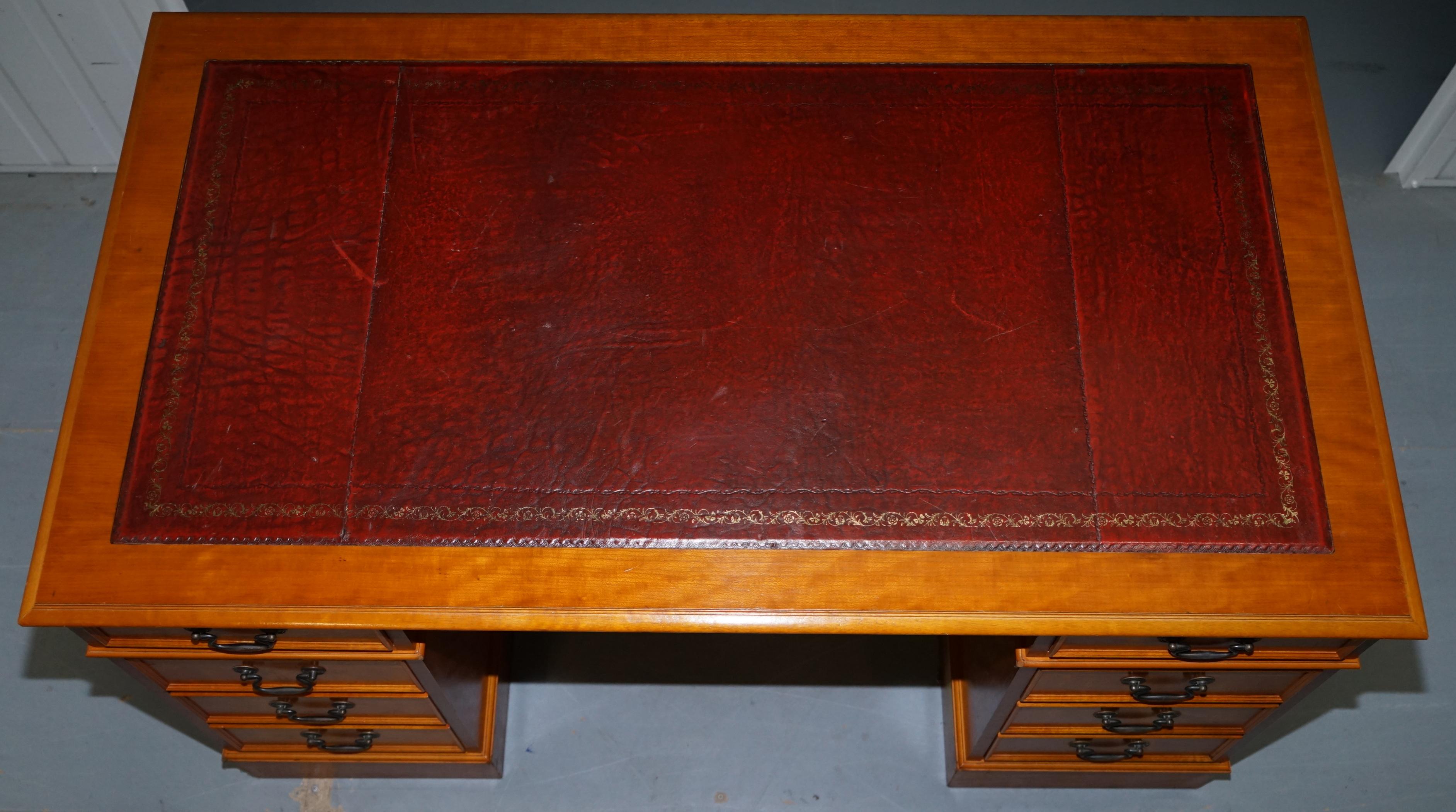 English Rare Extra Legroom Space Yew Wood & Oxblood Leather Twin Pedestal Partner Desk