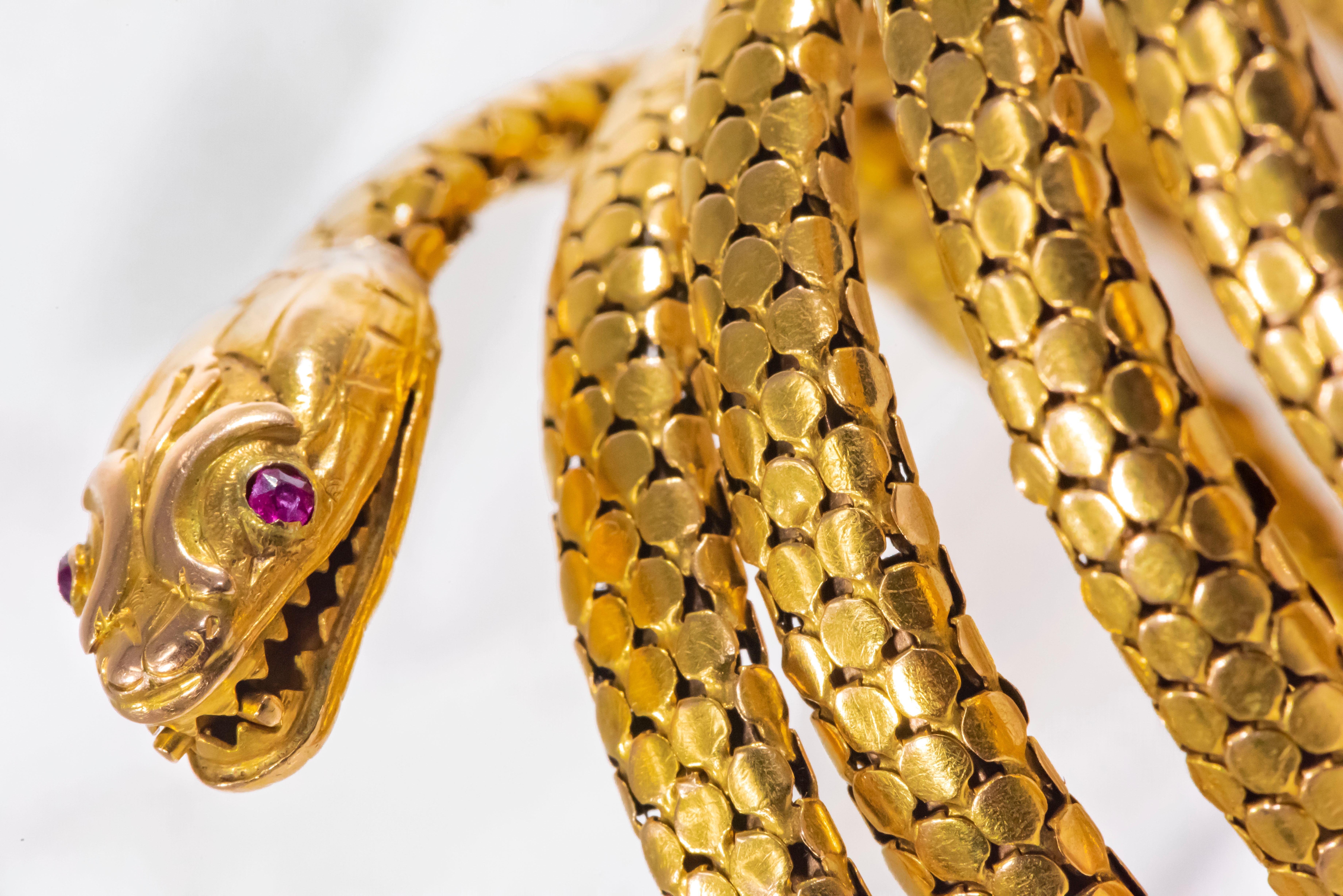Rare Extra Long 7 Coil French 1880s Victorian 18kt Gold Anaconda Snake Bracelet 3