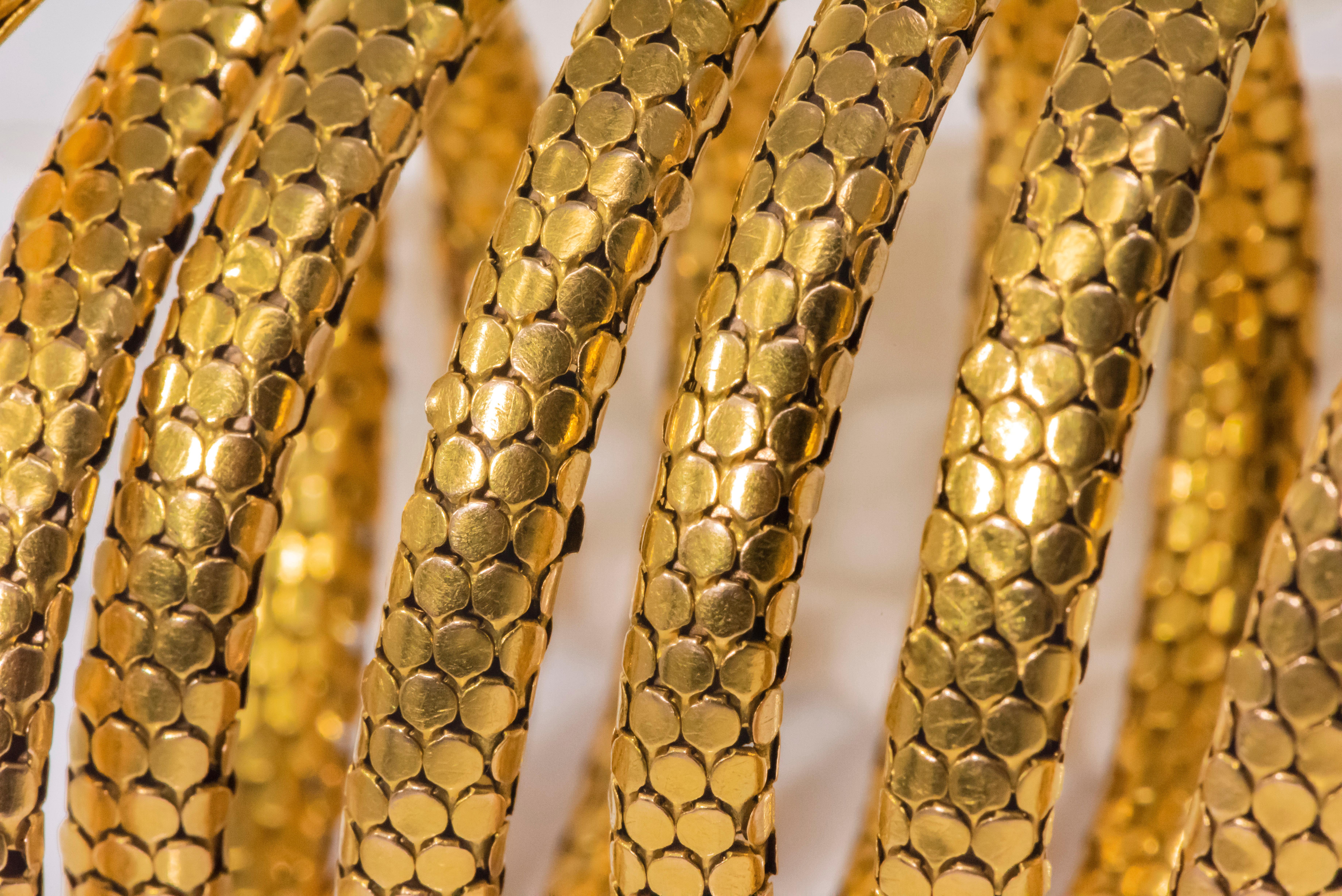 Rare Extra Long 7 Coil French 1880s Victorian 18kt Gold Anaconda Snake Bracelet In Good Condition In New york, NY