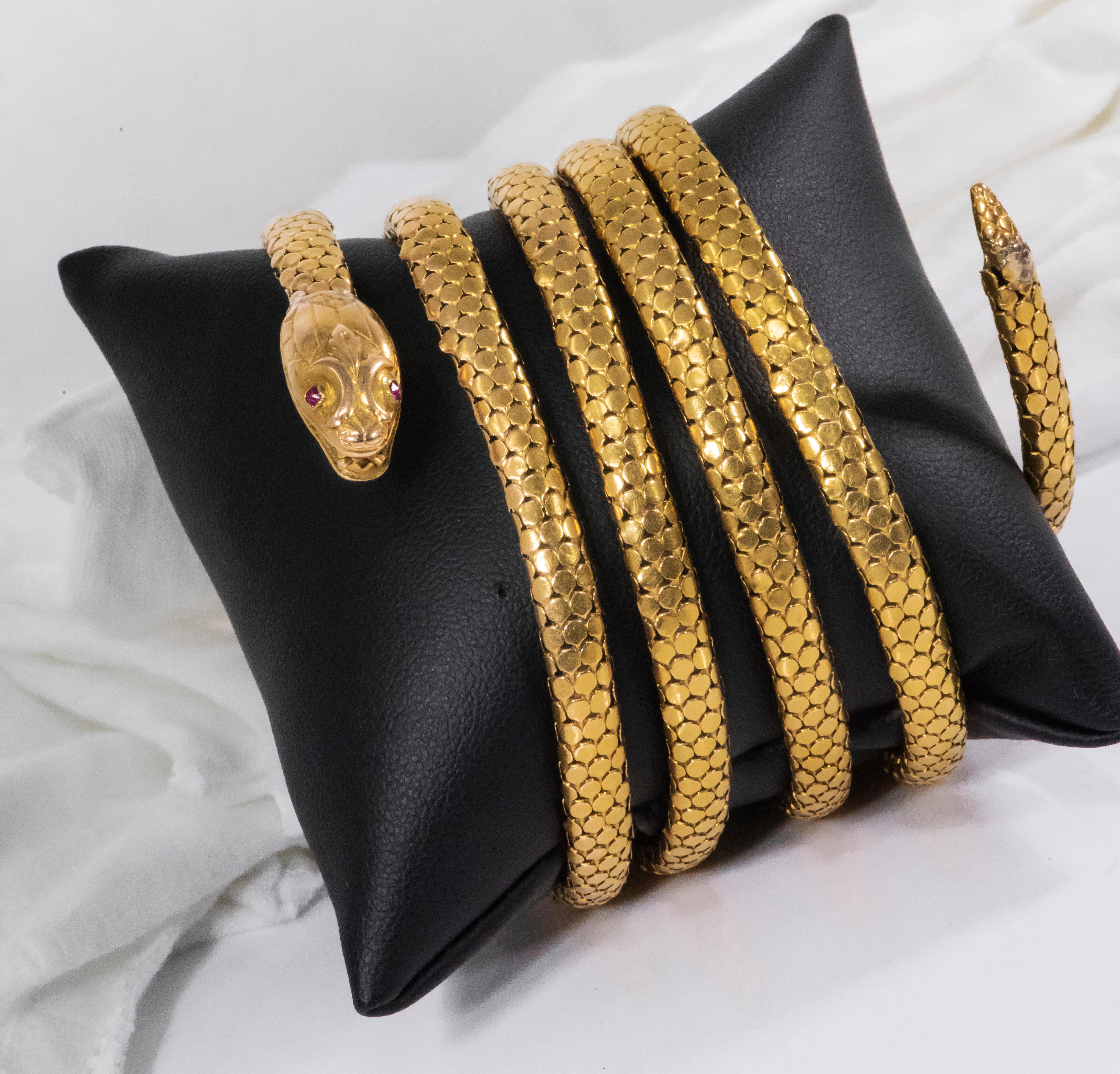 Rare Extra Long 7 Coil French 1880s Victorian 18kt Gold Anaconda Snake Bracelet 1
