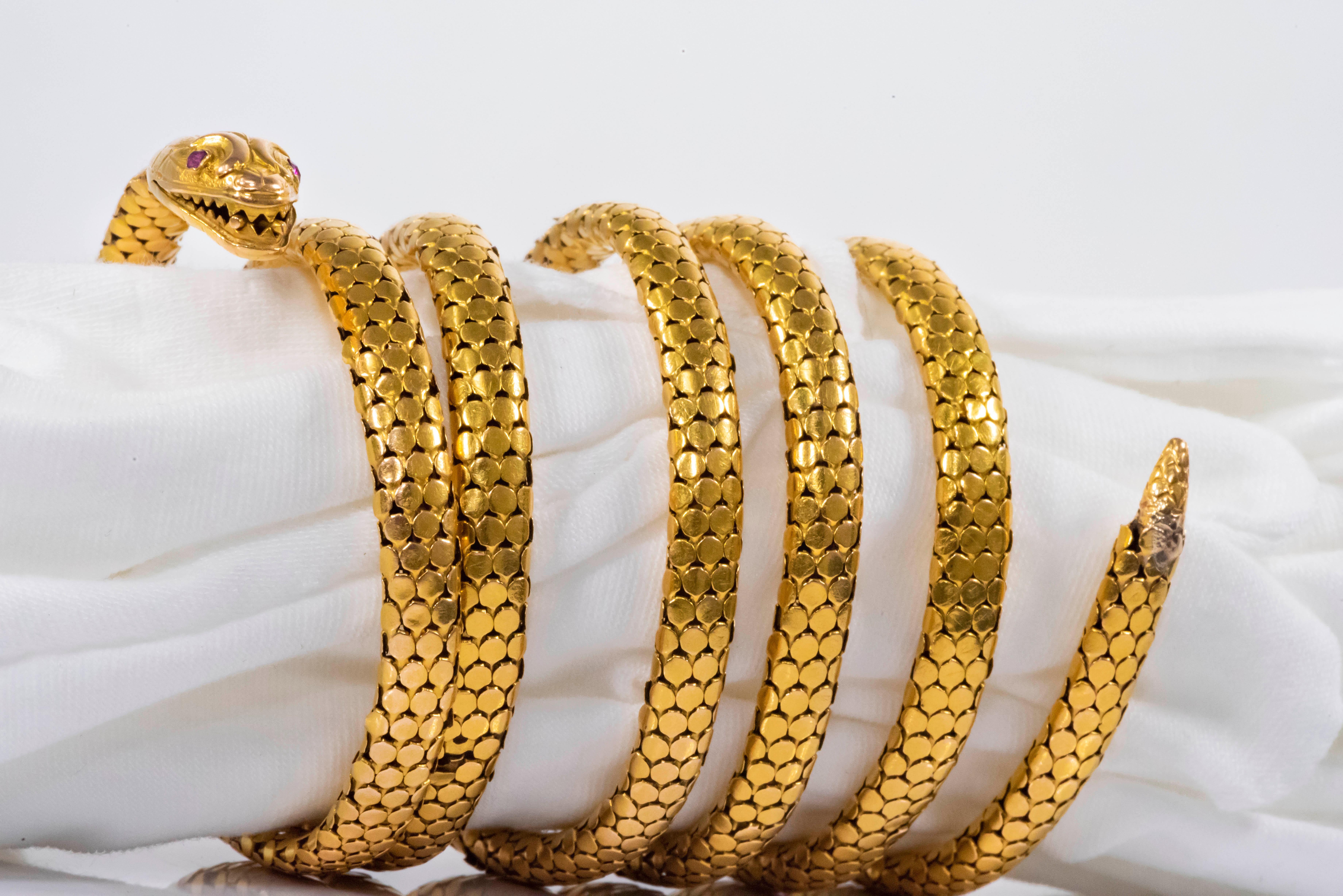 Rare Extra Long 7 Coil French 1880s Victorian 18kt Gold Anaconda Snake Bracelet 2