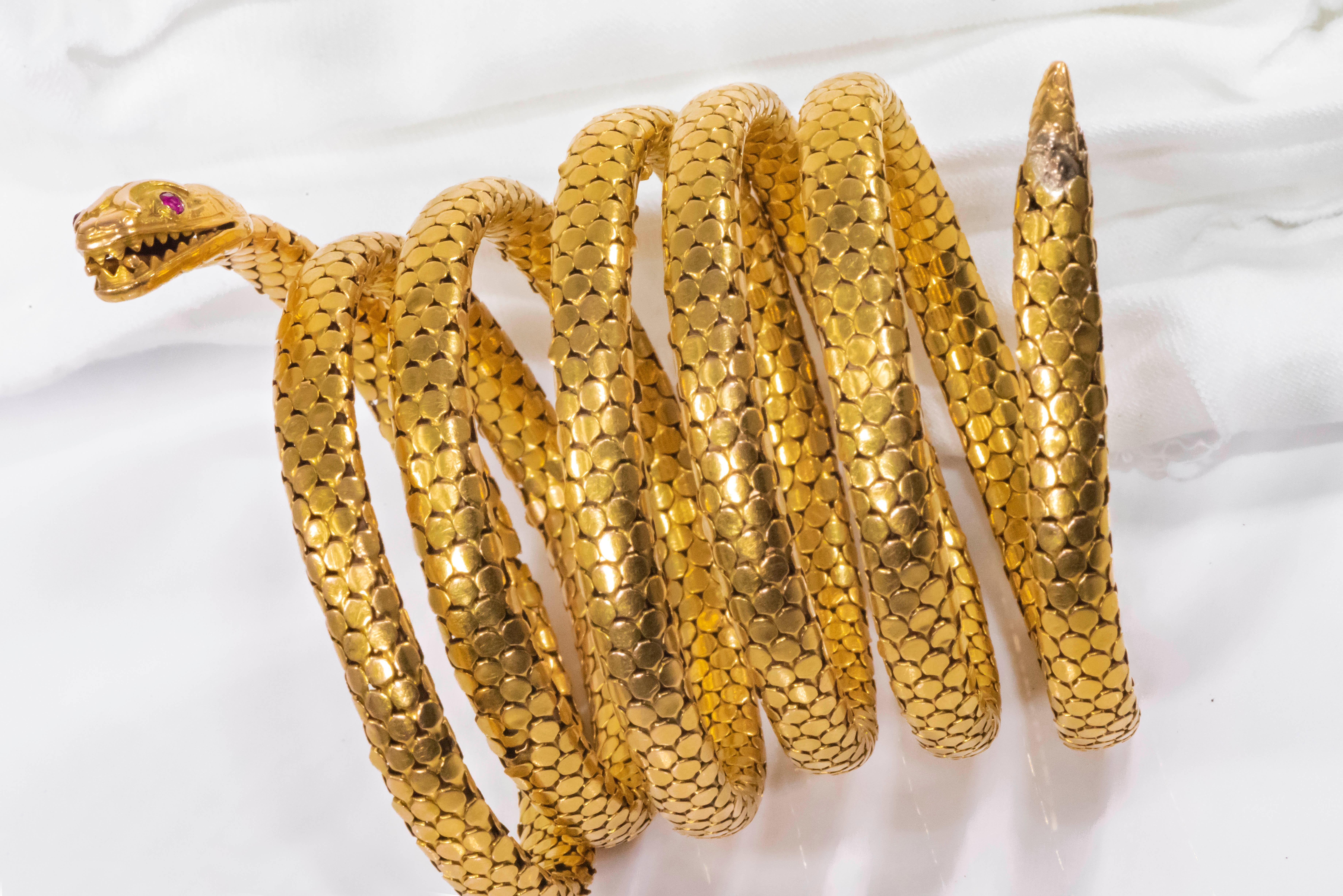 Rare Extra Long 7 Coil French 1880s Victorian 18kt Gold Anaconda Snake Bracelet 9
