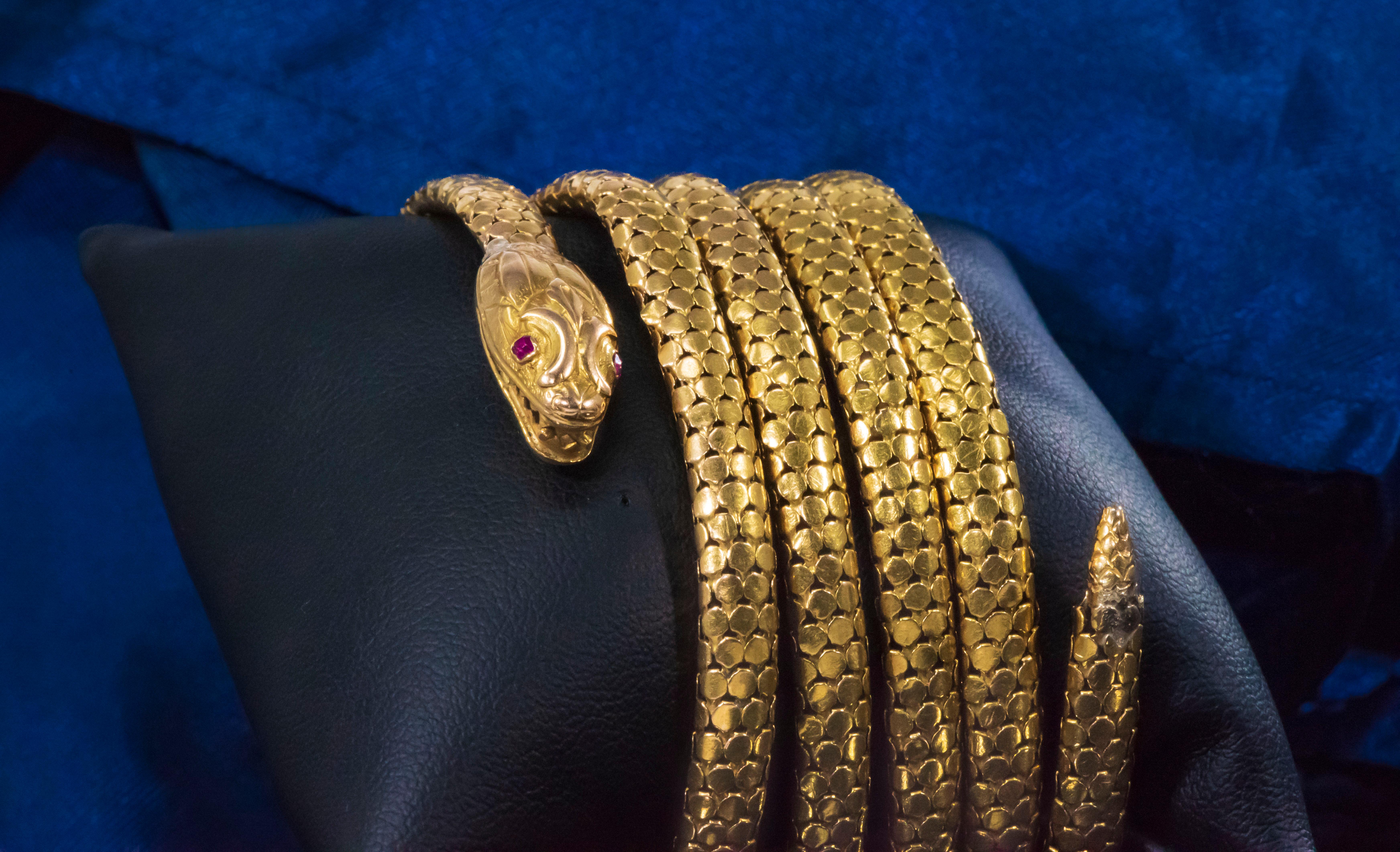Rare Extra Long 7 Coil French 1880s Victorian 18kt Gold Anaconda Snake Bracelet 6