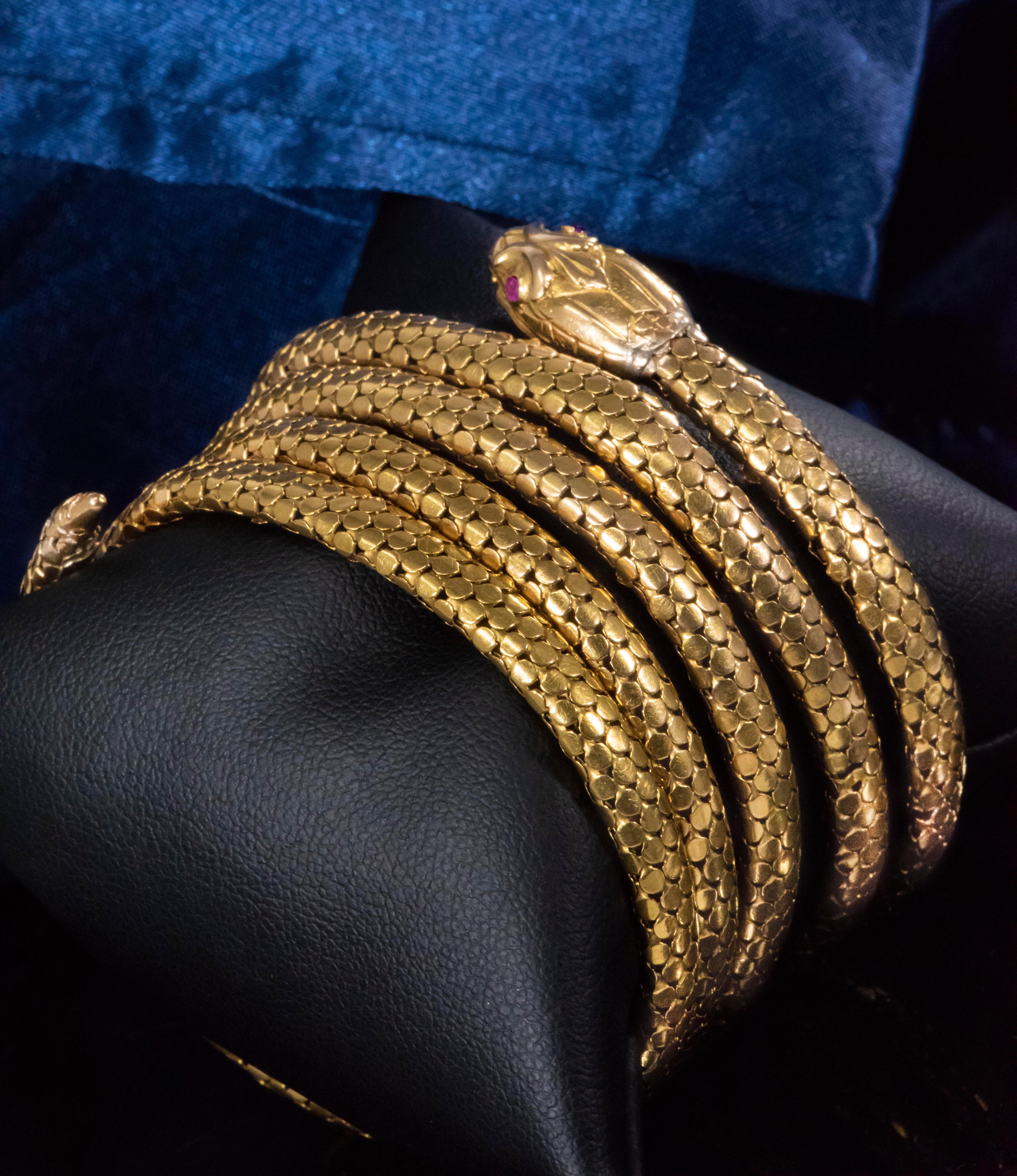 Rare Extra Long 7 Coil French 1880s Victorian 18kt Gold Anaconda Snake Bracelet 7