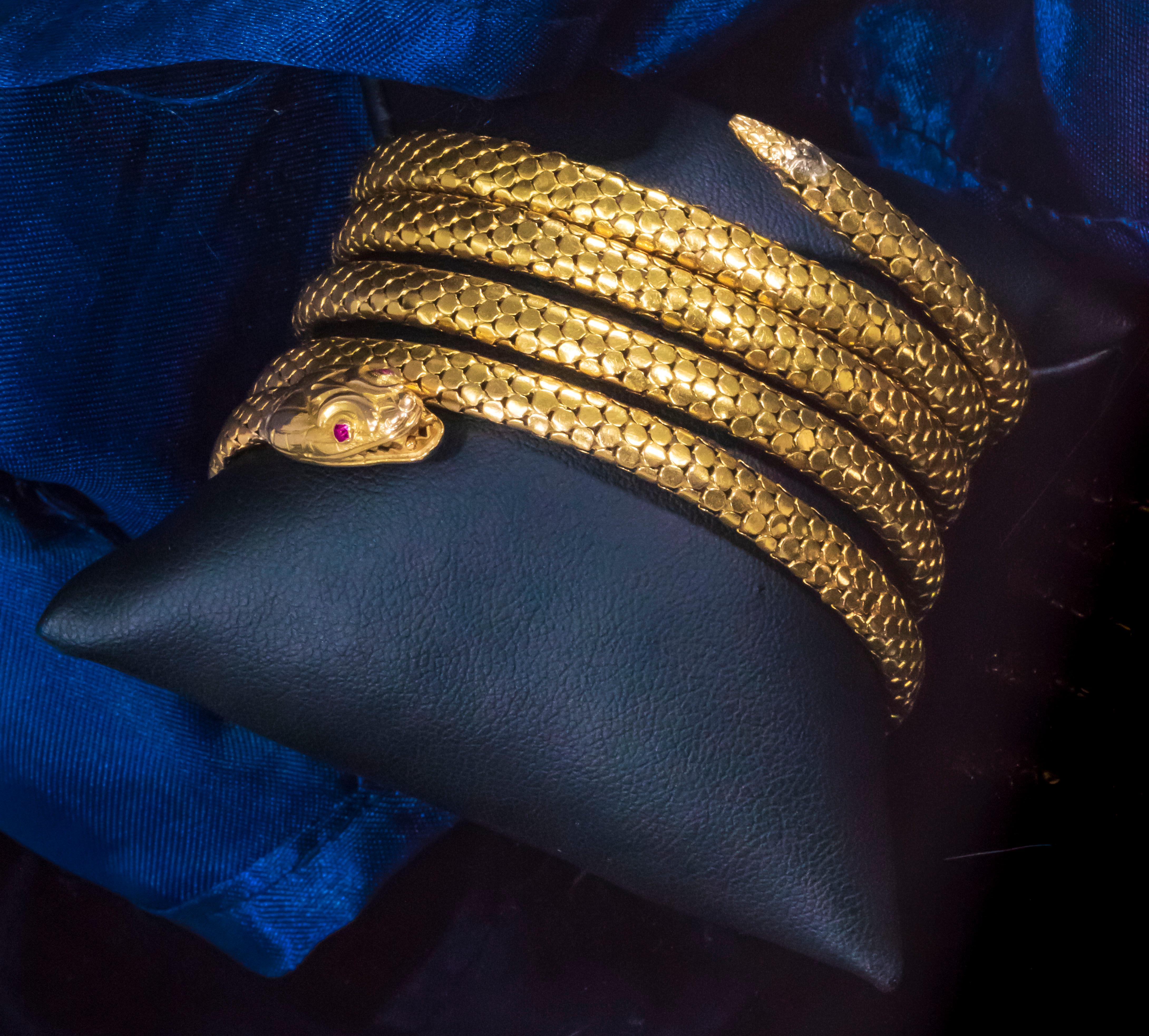 Rare Extra Long 7 Coil French 1880s Victorian 18kt Gold Anaconda Snake Bracelet 8