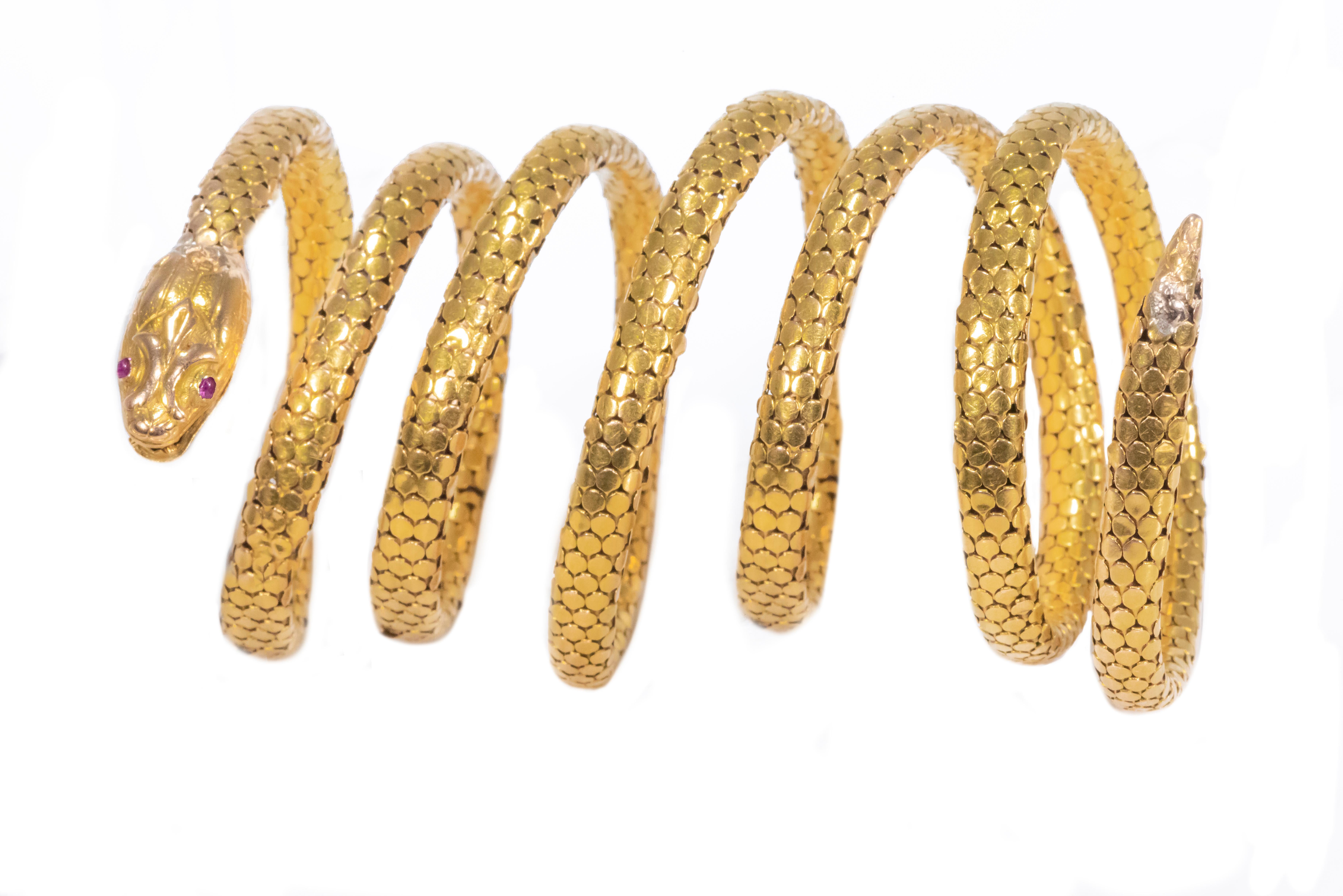 Rare Extra Long 7 Coil French 1880s Victorian 18kt Gold Anaconda Snake Bracelet 10