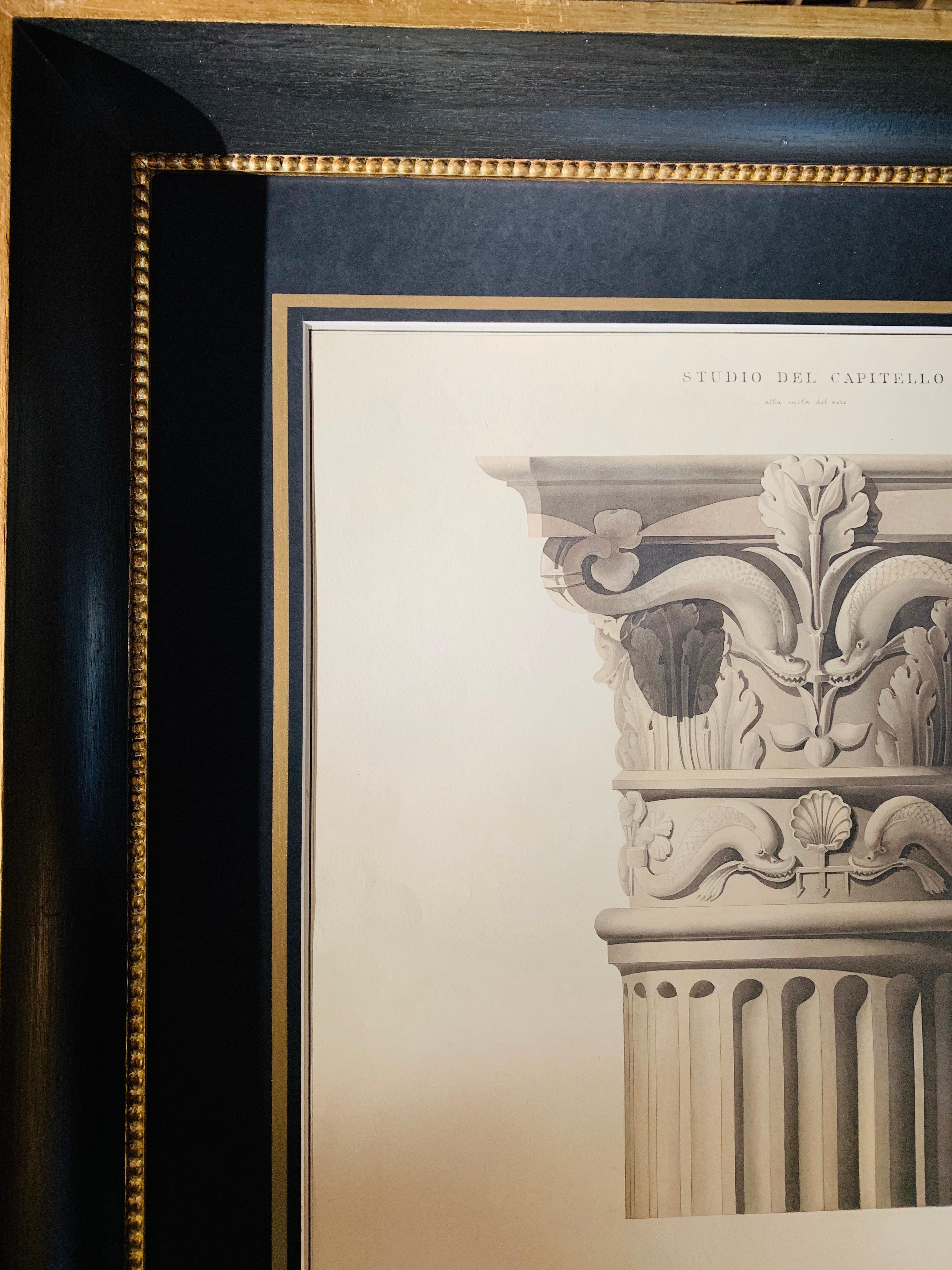 Rare extra-large (cm 59 x 85) antique watercolour of capital from a collection of architectural details of Florence monuments painted in Italy in the middle of 19th Century.
Black mat with a gold hand-painted band and handcrafted black and a gold
