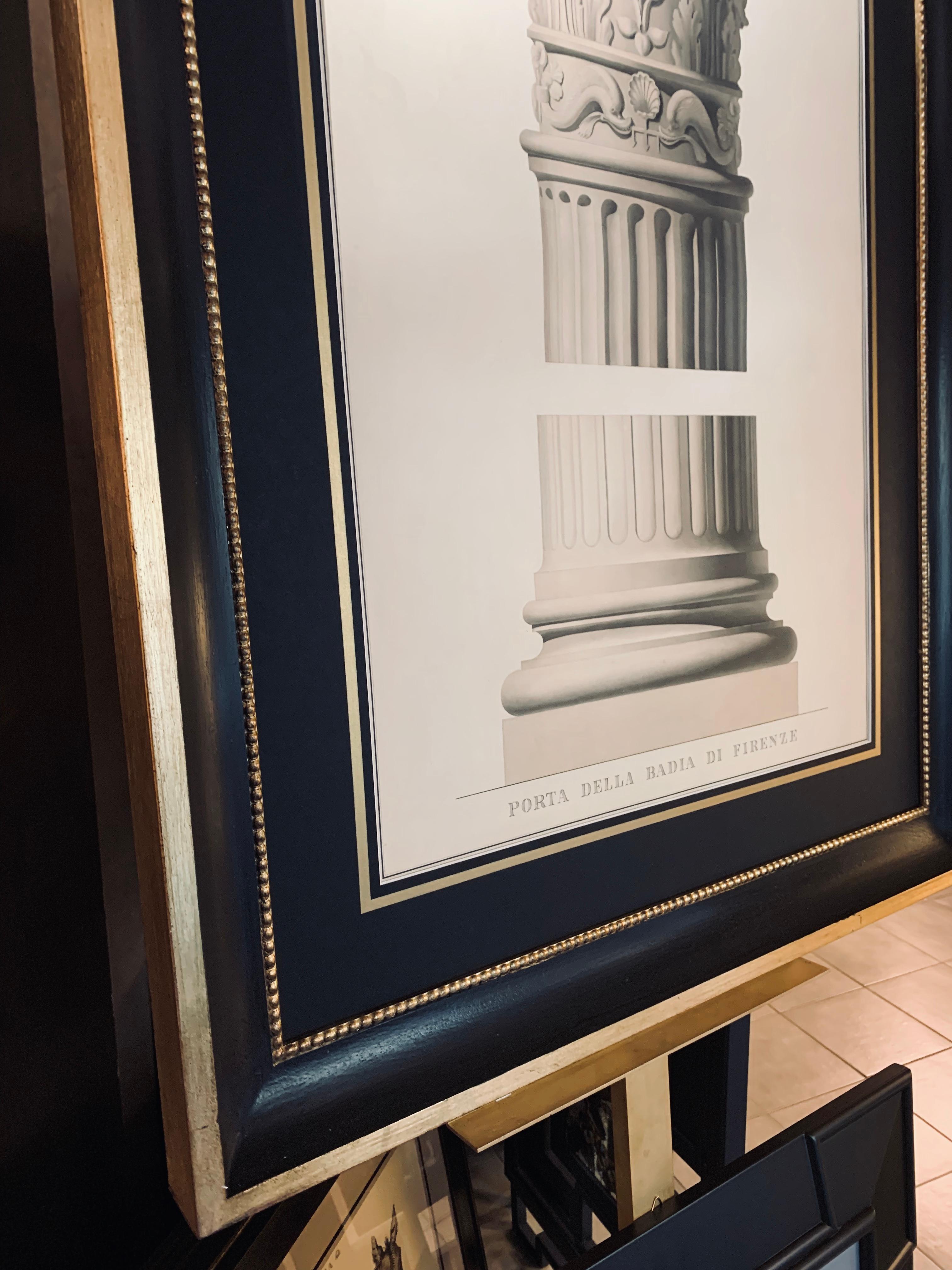 Italienischer 19C großer architektonischer handkolorierter Druck mit schwarzem und goldenem Rahmen (Neoklassisch) im Angebot