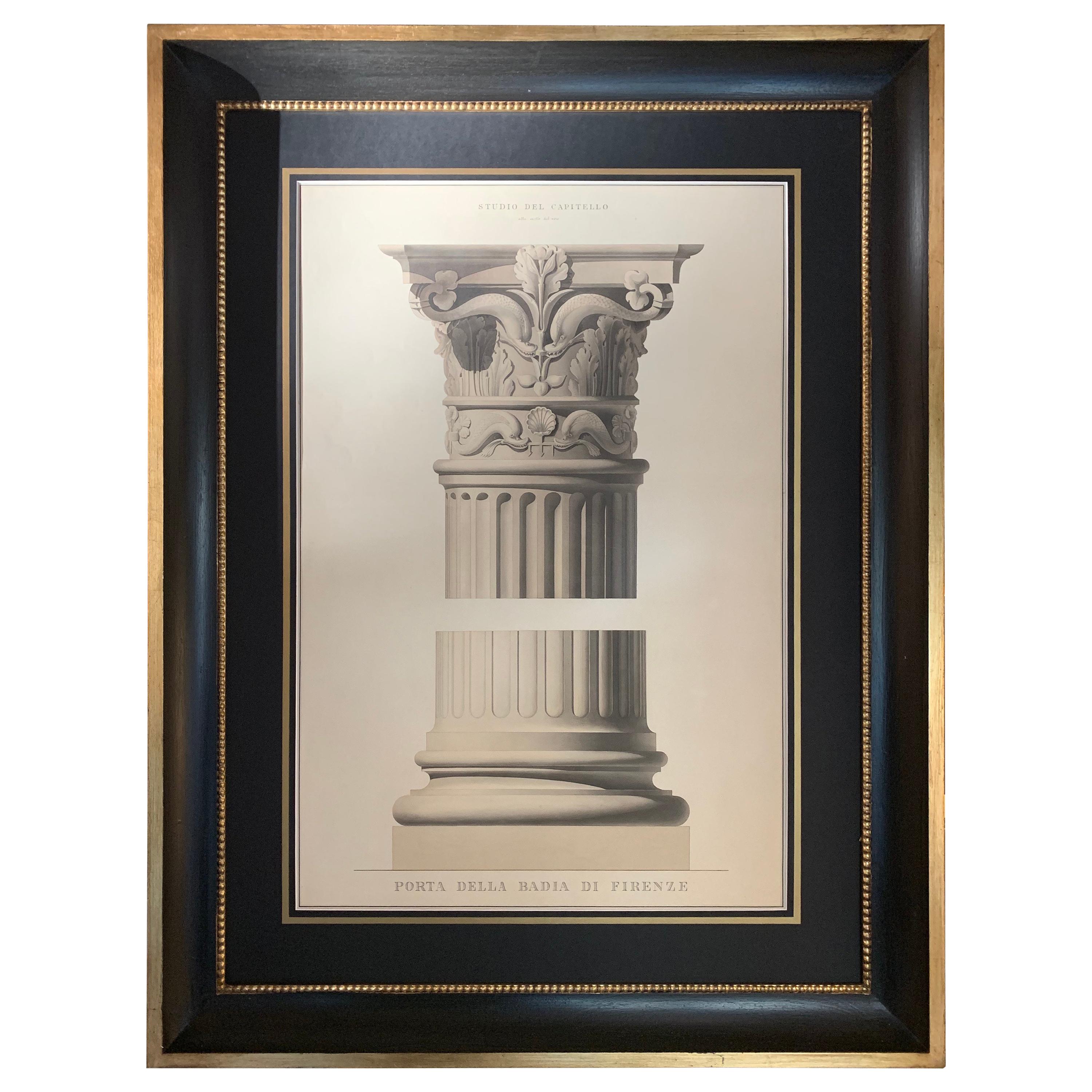 Italian 19C Big Architectural Hand-coloured Print with Black and Gold Frame