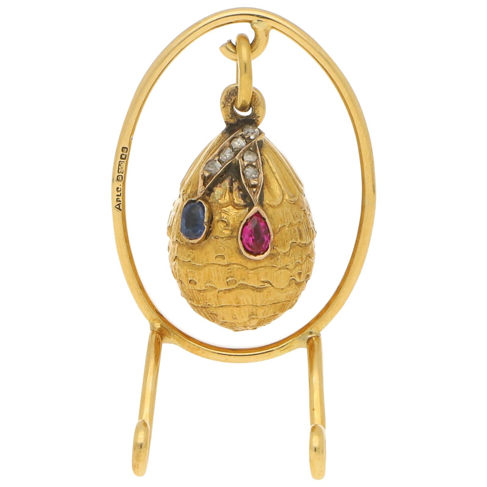 Rare Fabergé 18ct Gold Egg Pendant Set with Diamonds and Sapphires C.1973