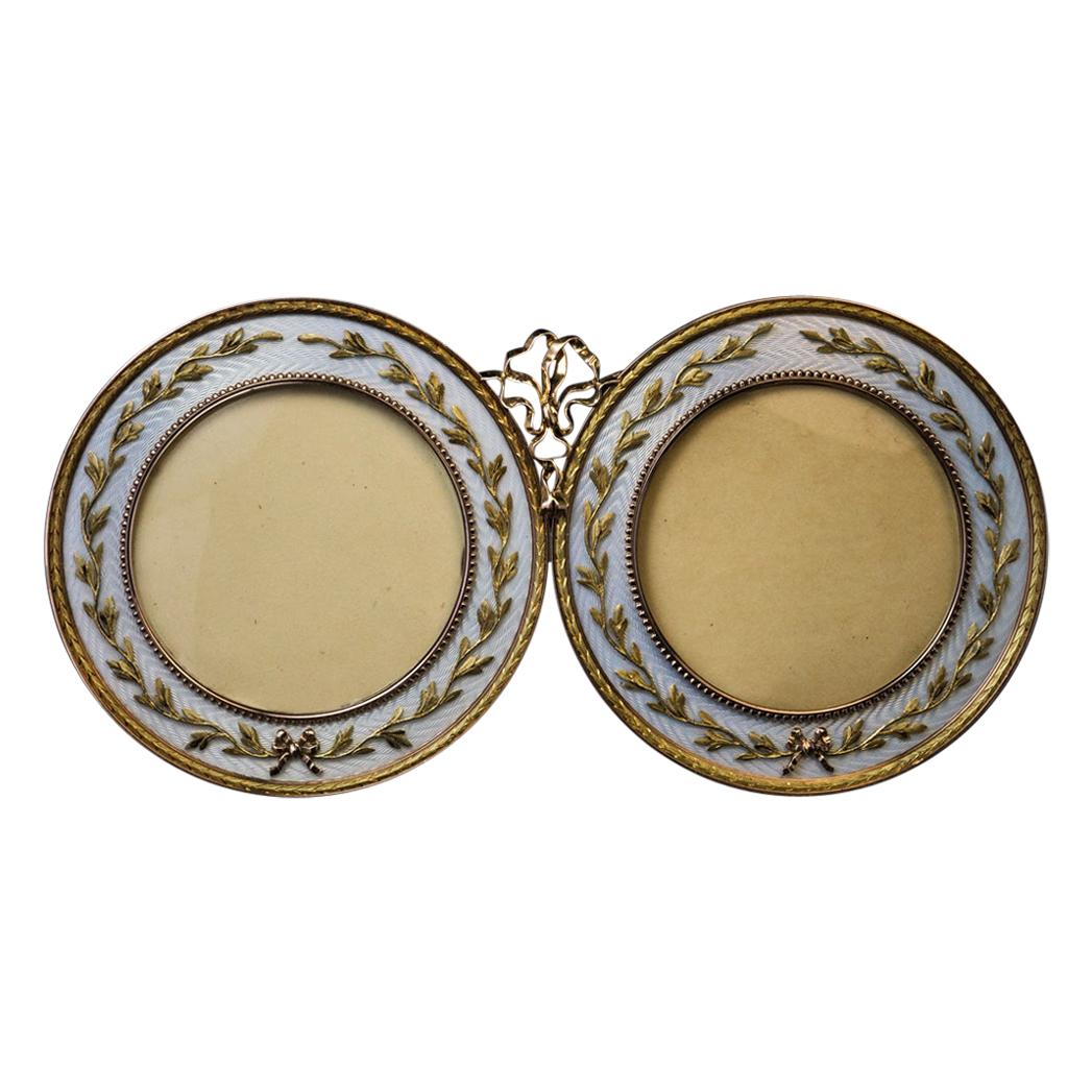 Seltener antiker russischer Faberge-Doppelbildrahmen aus Gold und Emaille