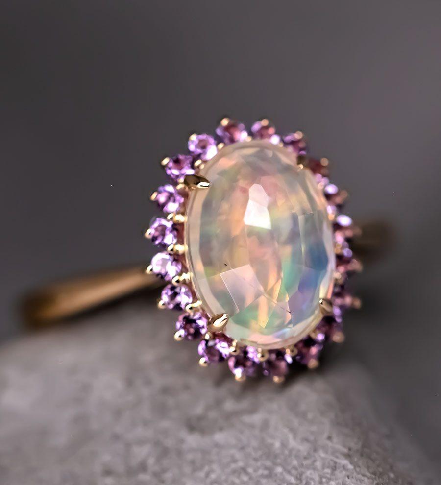 Arts and Crafts Rare Faceted Mexican Fire Opal Amethyst Engagement Halo Ring 18K Yellow Gold For Sale