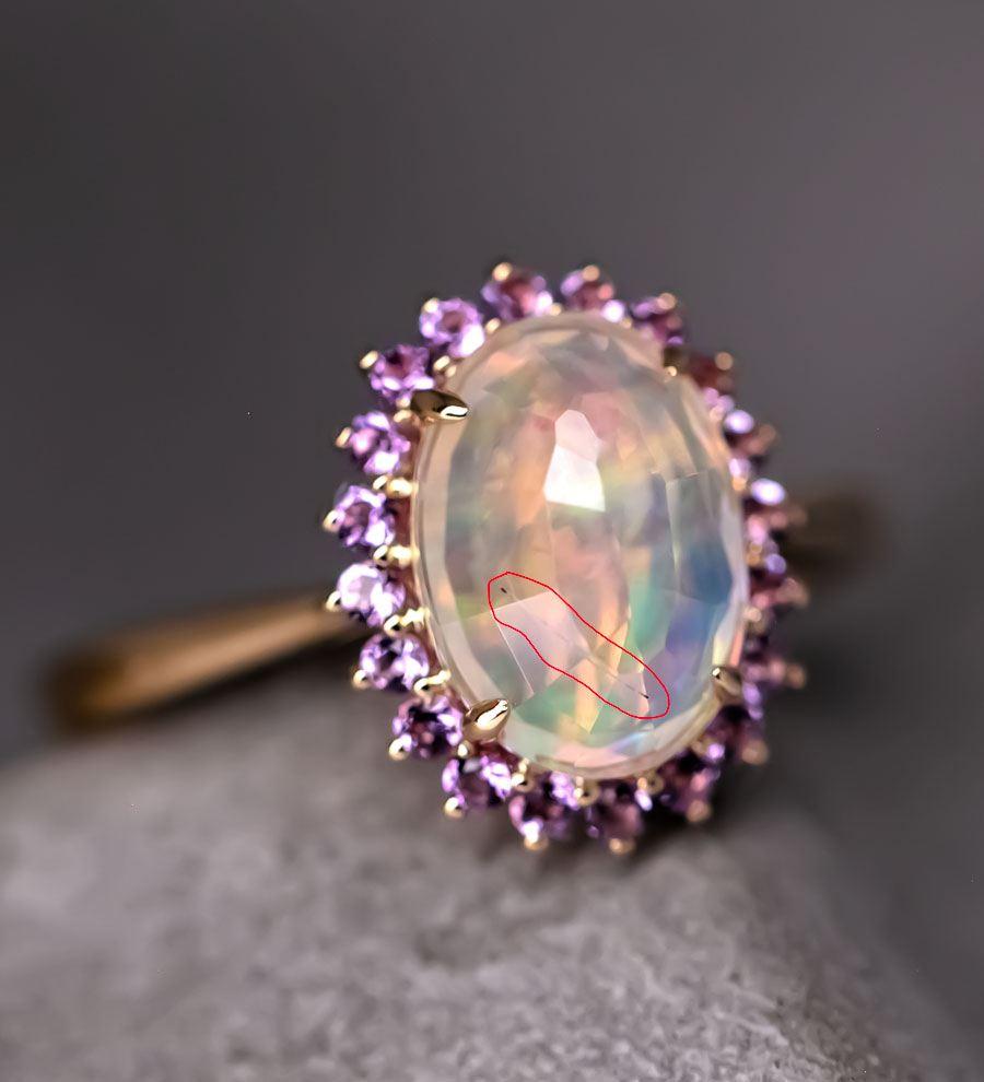 Brilliant Cut Rare Faceted Mexican Fire Opal Amethyst Engagement Halo Ring 18K Yellow Gold For Sale