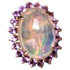 Rare bague de fiançailles halo en or jaune 18 carats avec opale de feu mexicaine facettée et améthyste