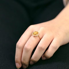 Rare Faceted Mexican Fire Opal Halo Diamond Engagement Ring 18K Yellow Gold