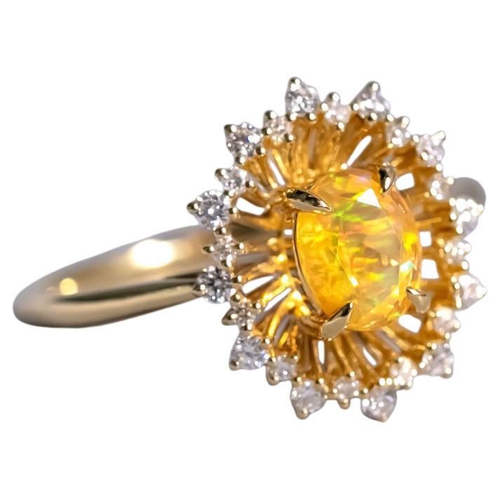 Rare Faceted Mexican Fire Opal Halo Diamond Engagement Ring 18K Yellow Gold