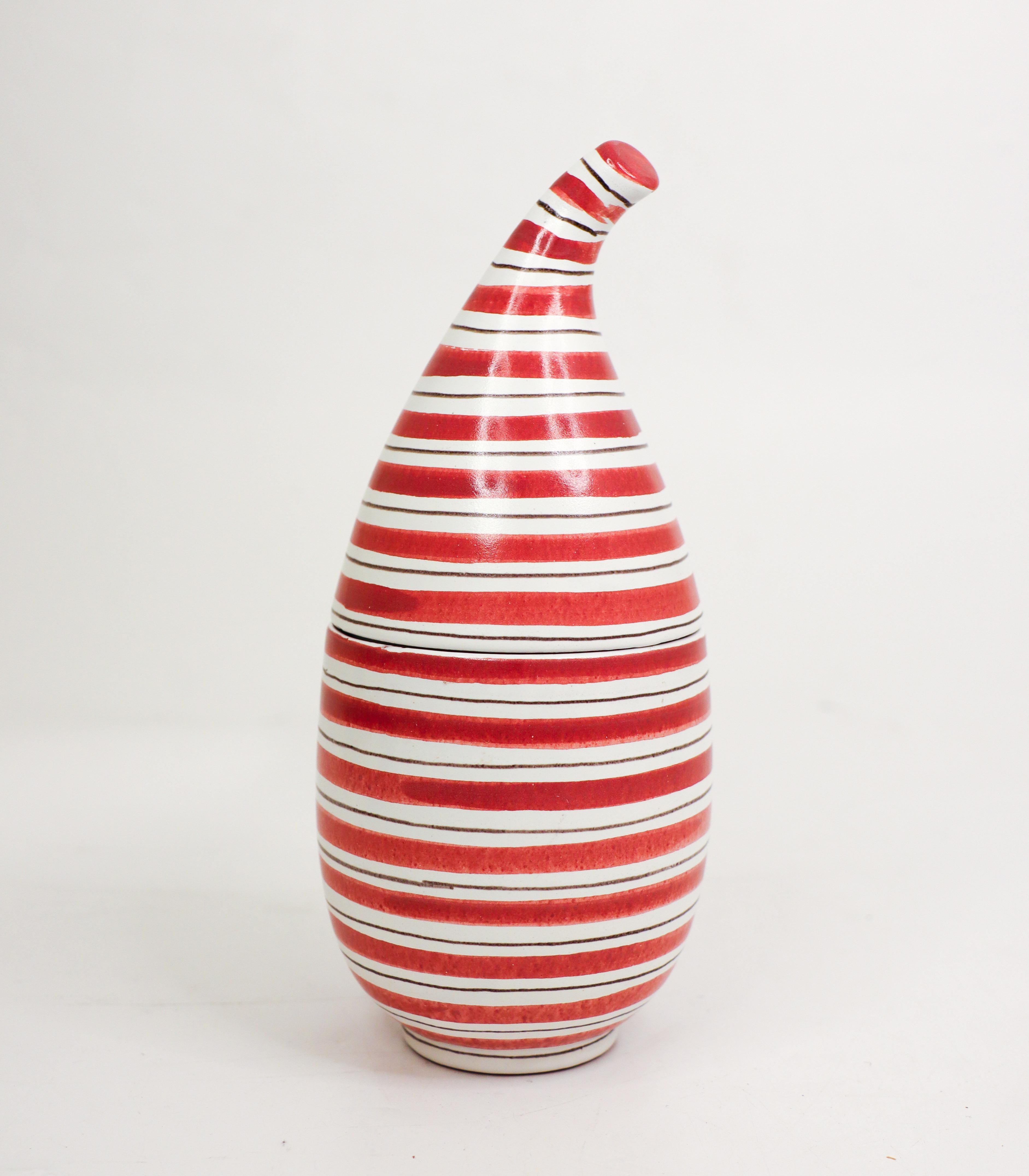 Scandinavian Modern Rare Faience Lidded Bowl Red & White striped Stig Lindberg - Gustavsberg 1950s For Sale
