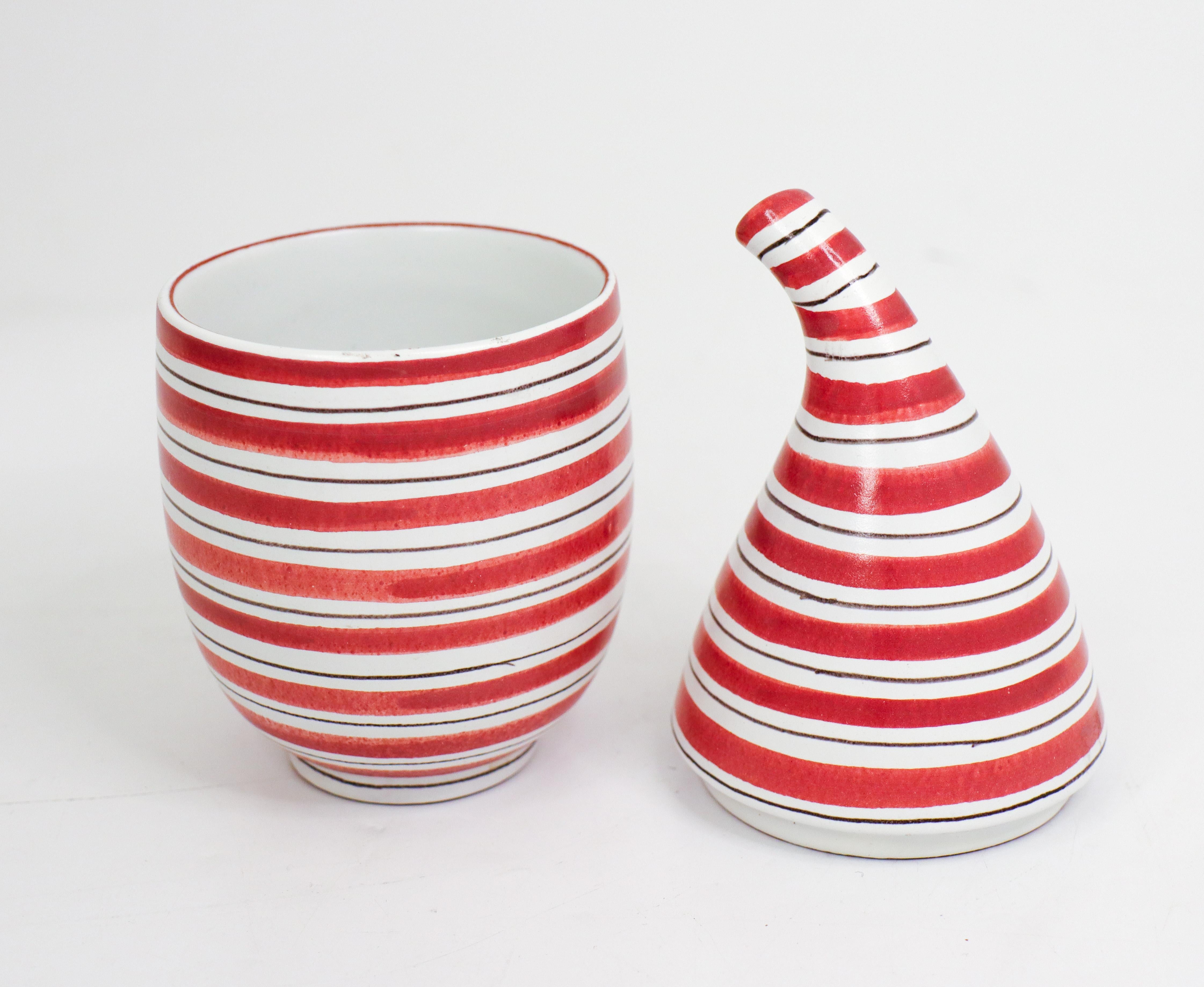 19th Century Rare Faience Lidded Bowl Red & White striped Stig Lindberg - Gustavsberg 1950s For Sale