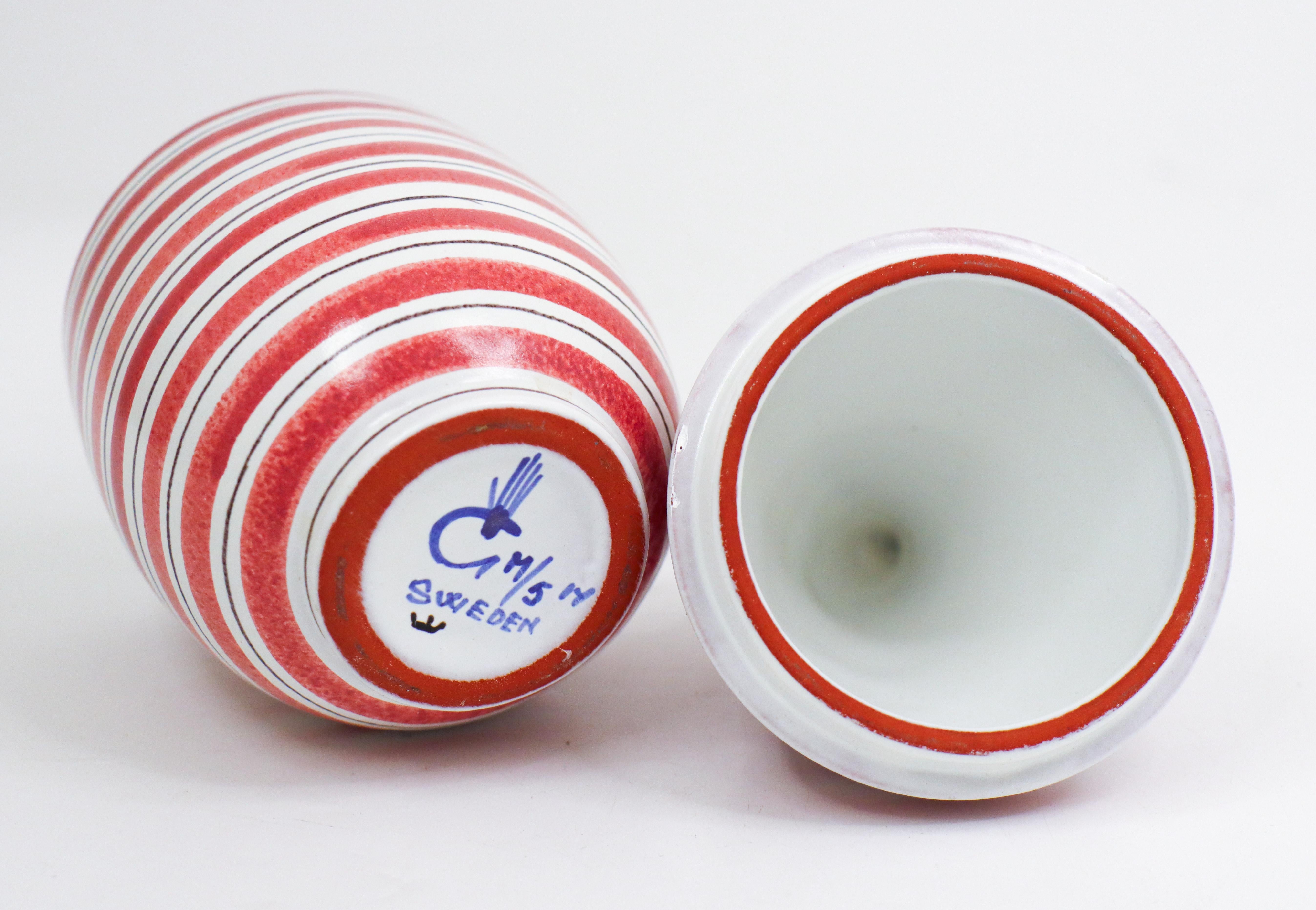 Rare Faience Lidded Bowl Red & White striped Stig Lindberg - Gustavsberg 1950s For Sale 3