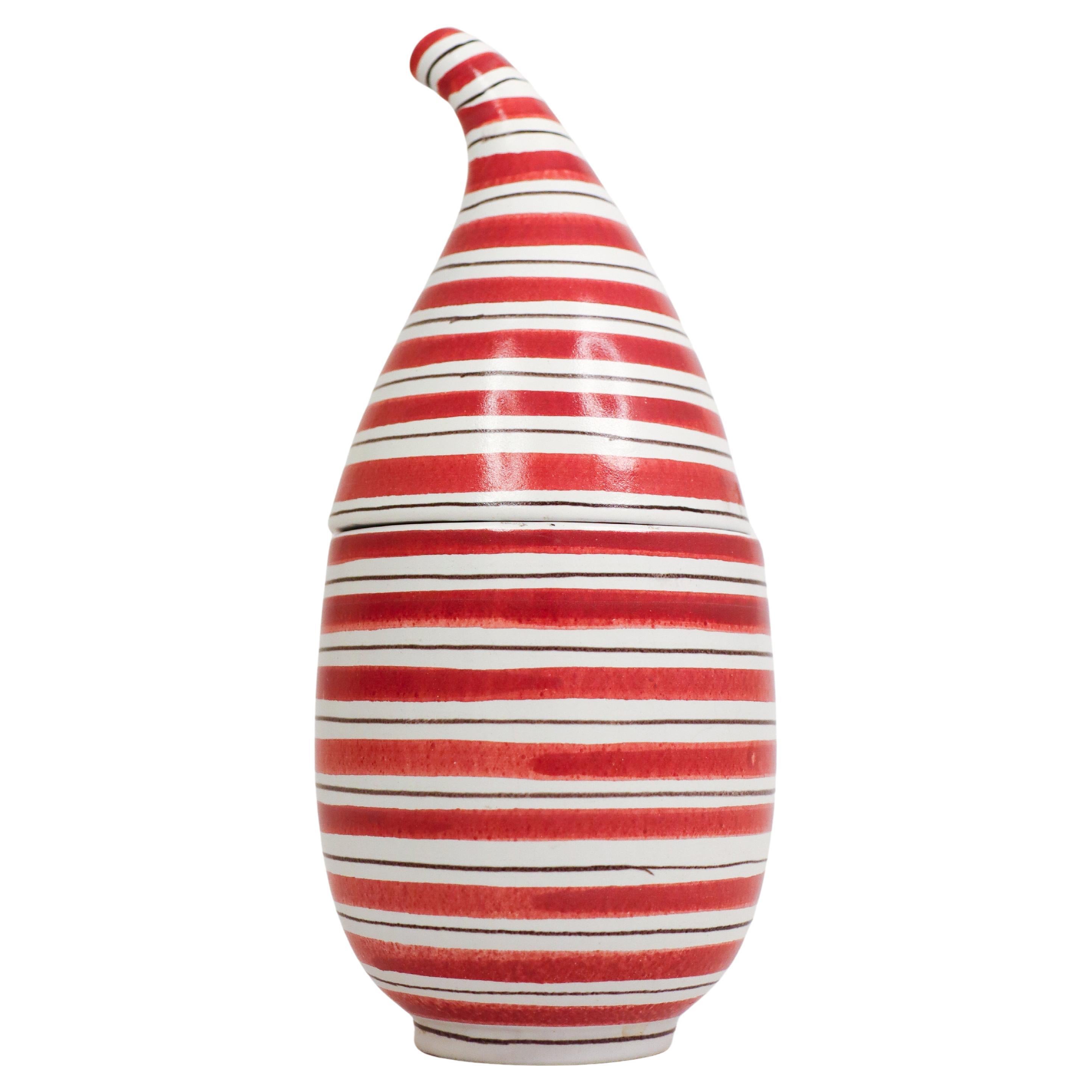 Rare Faience Lidded Bowl Red & White striped Stig Lindberg - Gustavsberg 1950s