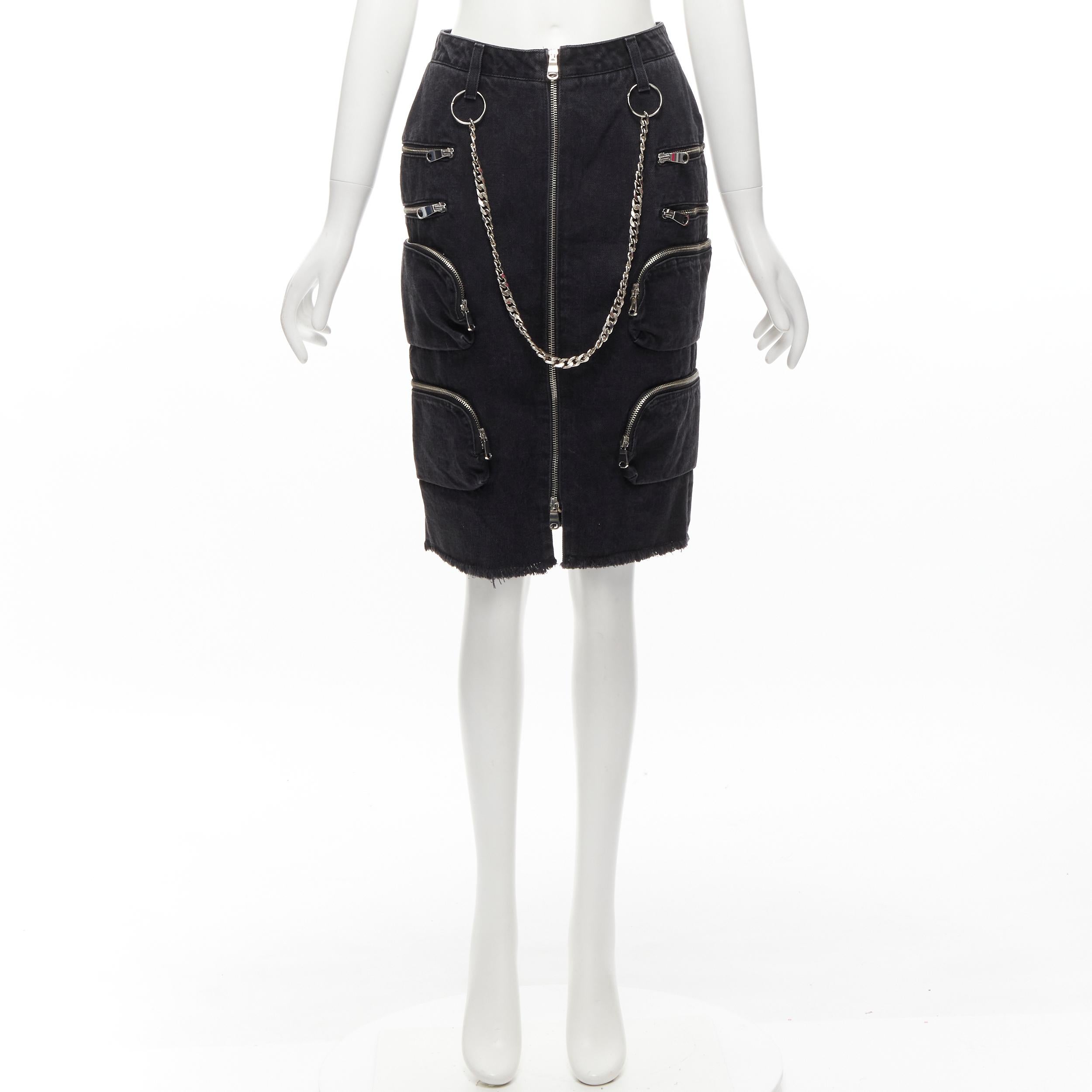 rare FAITH CONNEXION NTMB black denim cotton punk chain multi pockets skirt XS For Sale 6