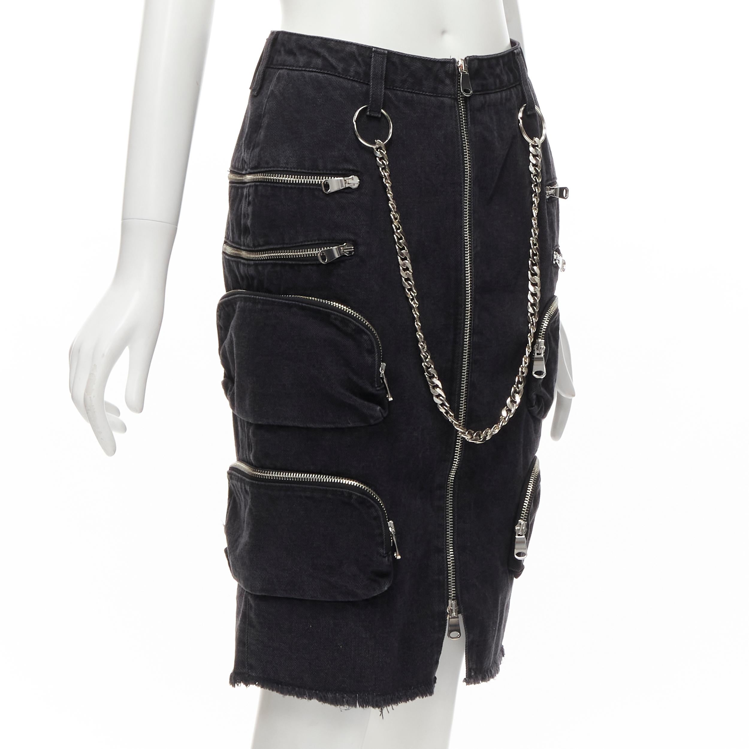 Black rare FAITH CONNEXION NTMB black denim cotton punk chain multi pockets skirt XS For Sale