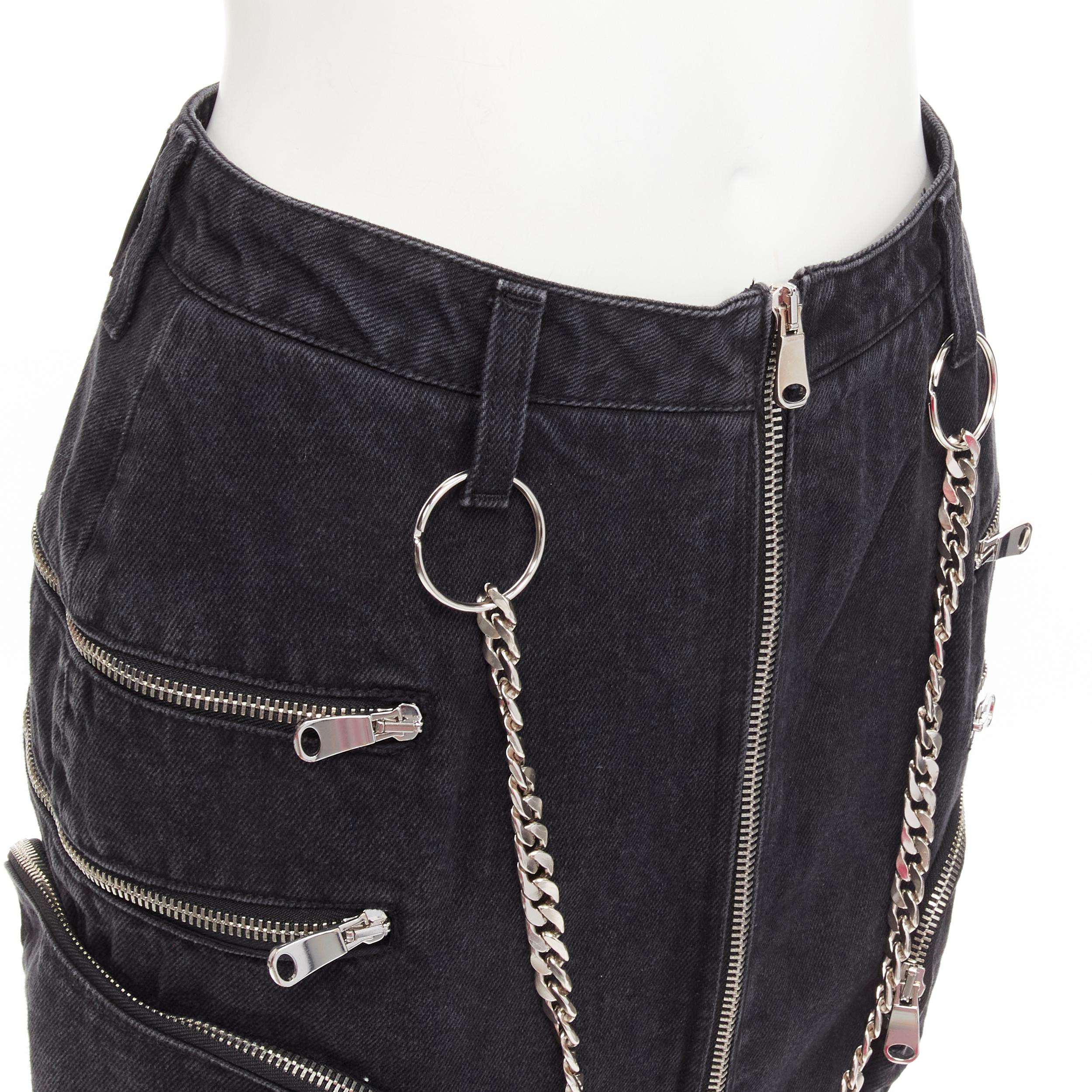 rare FAITH CONNEXION NTMB black denim cotton punk chain multi pockets skirt XS For Sale 3
