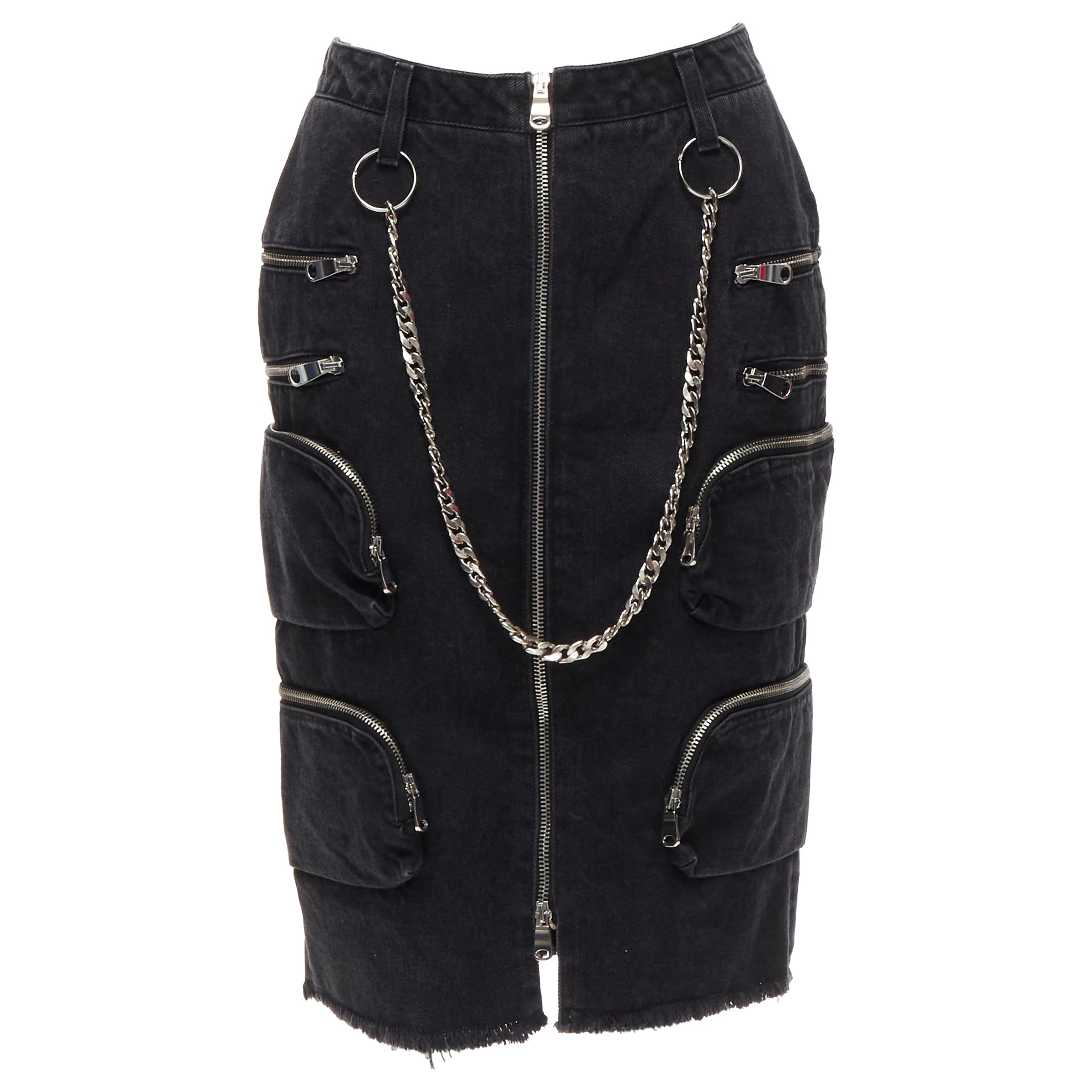 FAITH CONNEXION NTMB - Jupe en denim noir avec chaîne punk et poches multiples en coton XS en vente