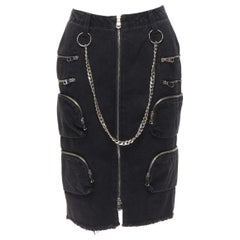 rara FAITH CONNEXION NTMB gonna nera in denim di cotone con catena punk e multitasche XS