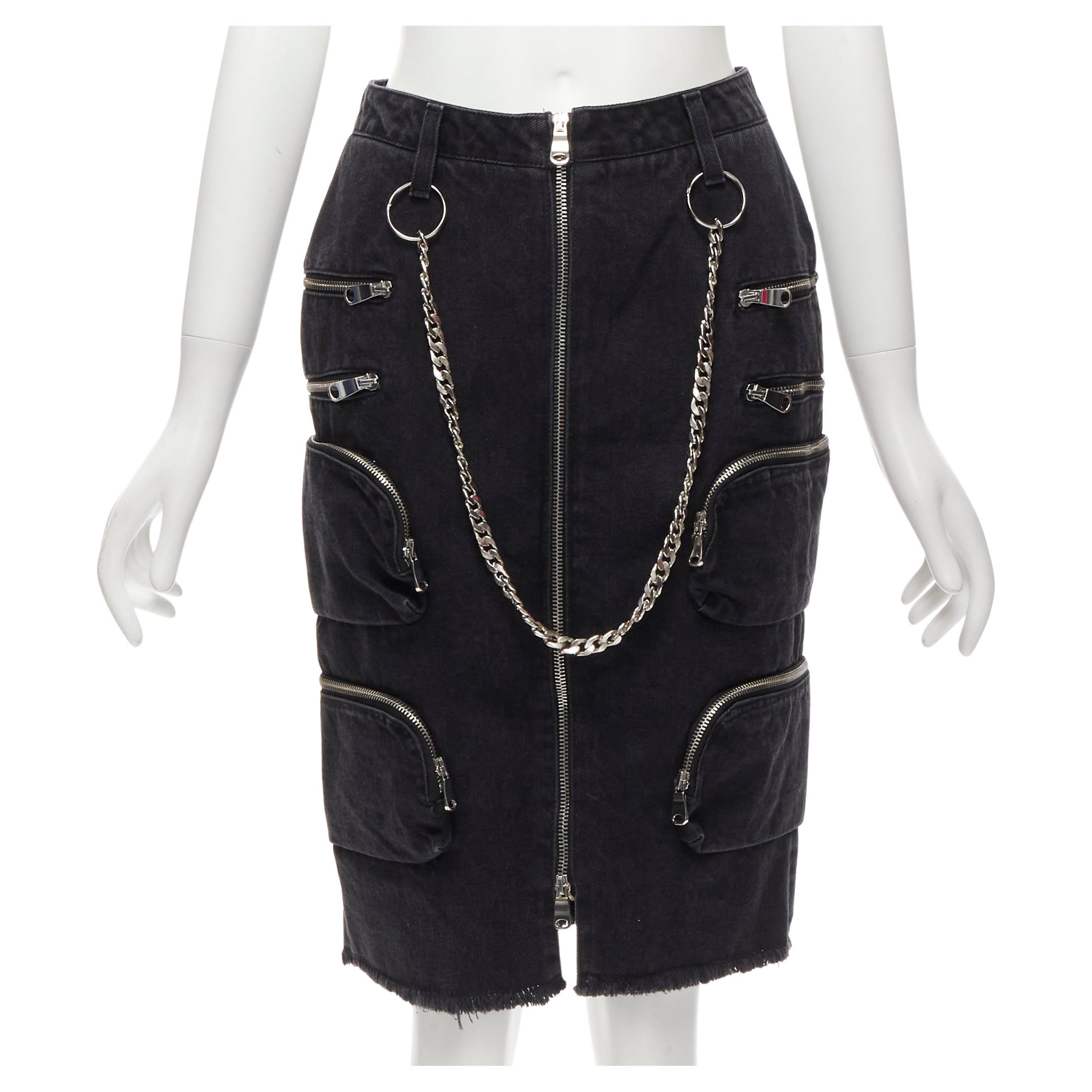 rare FAITH CONNEXION NTMB black denim cotton punk chain multi pockets skirt XS For Sale