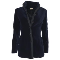 Rare Fall 1989 Azzedine Alaia Blue Velvet Runway Jacket w Black Trim
