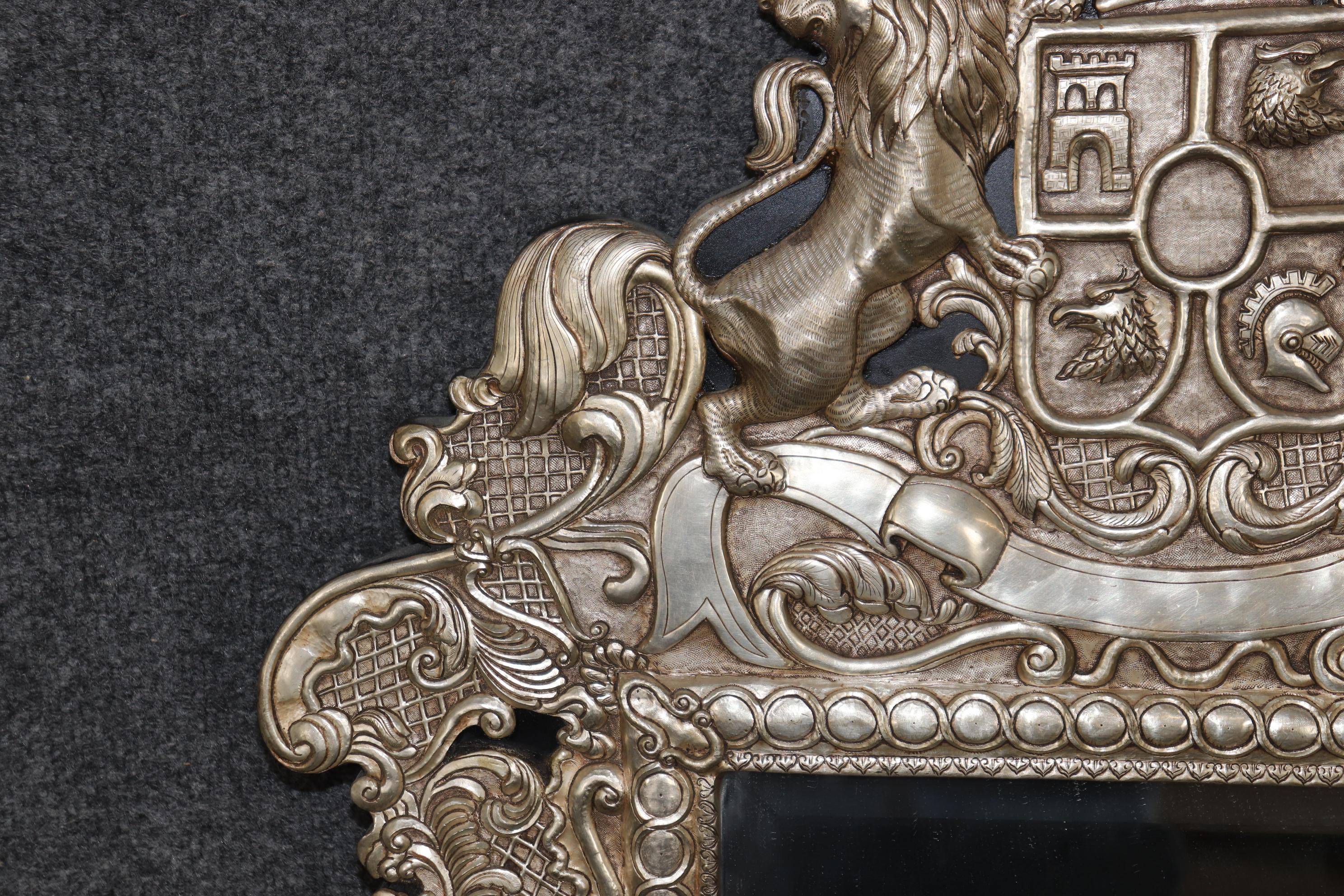 Georgian Rare Familial Coat of Arms Nickel Plated Cladded Wooden English Mirror For Sale